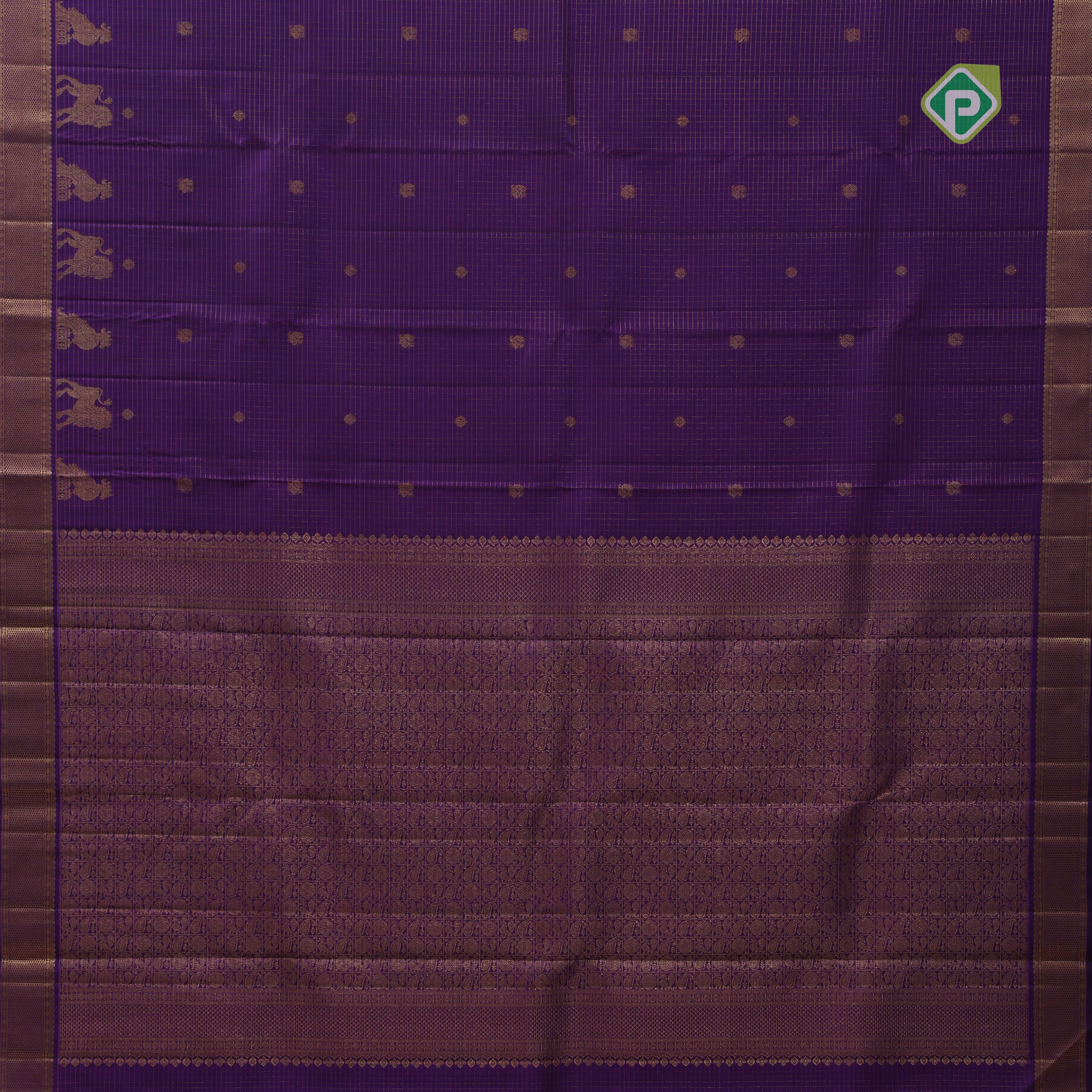 Purple gold zari micro checks and butta design self gold zari mayilkan border traditional silk saree