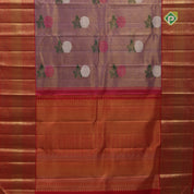 Lavender gold zari tissue multi color rose meena work design red gold zari border bridal tissue silk saree