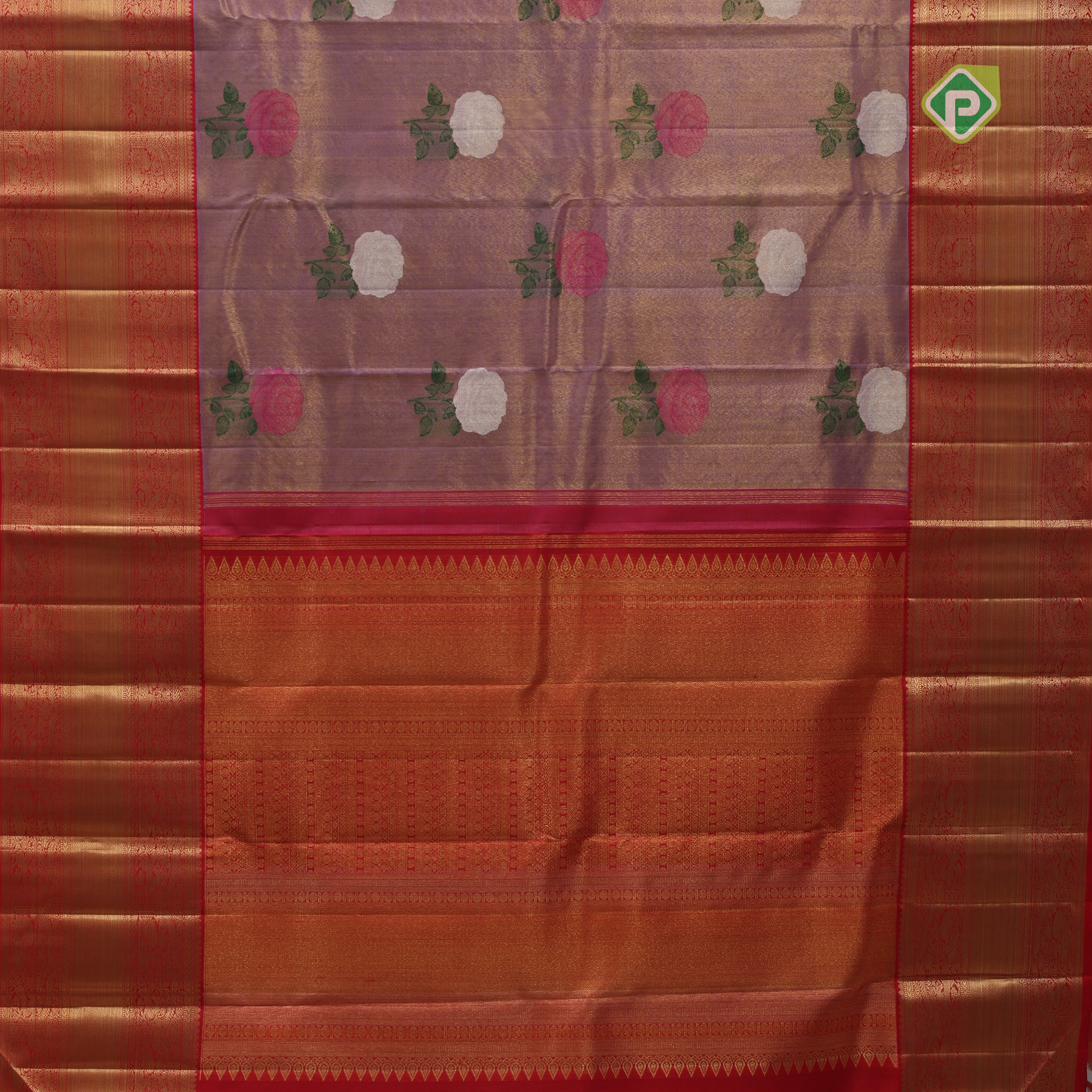 Lavender gold zari tissue multi color rose meena work design red gold zari border bridal tissue silk saree