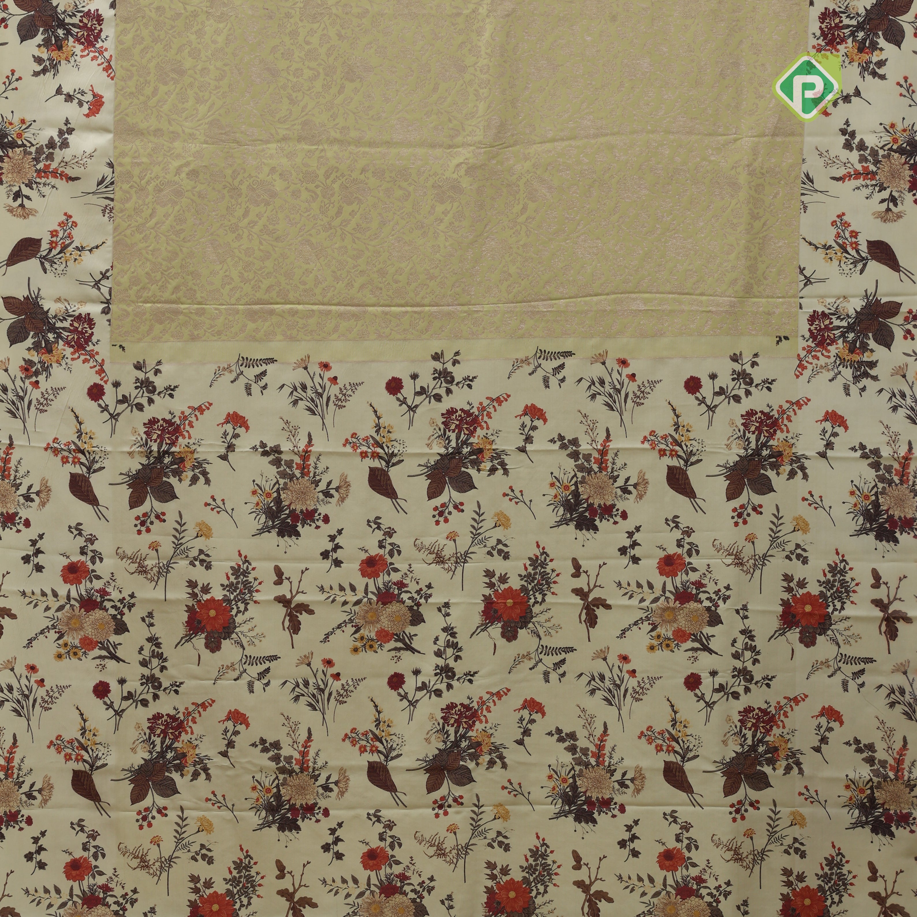 mint green silver zari grand floral creamy green floral digital print border silk saree