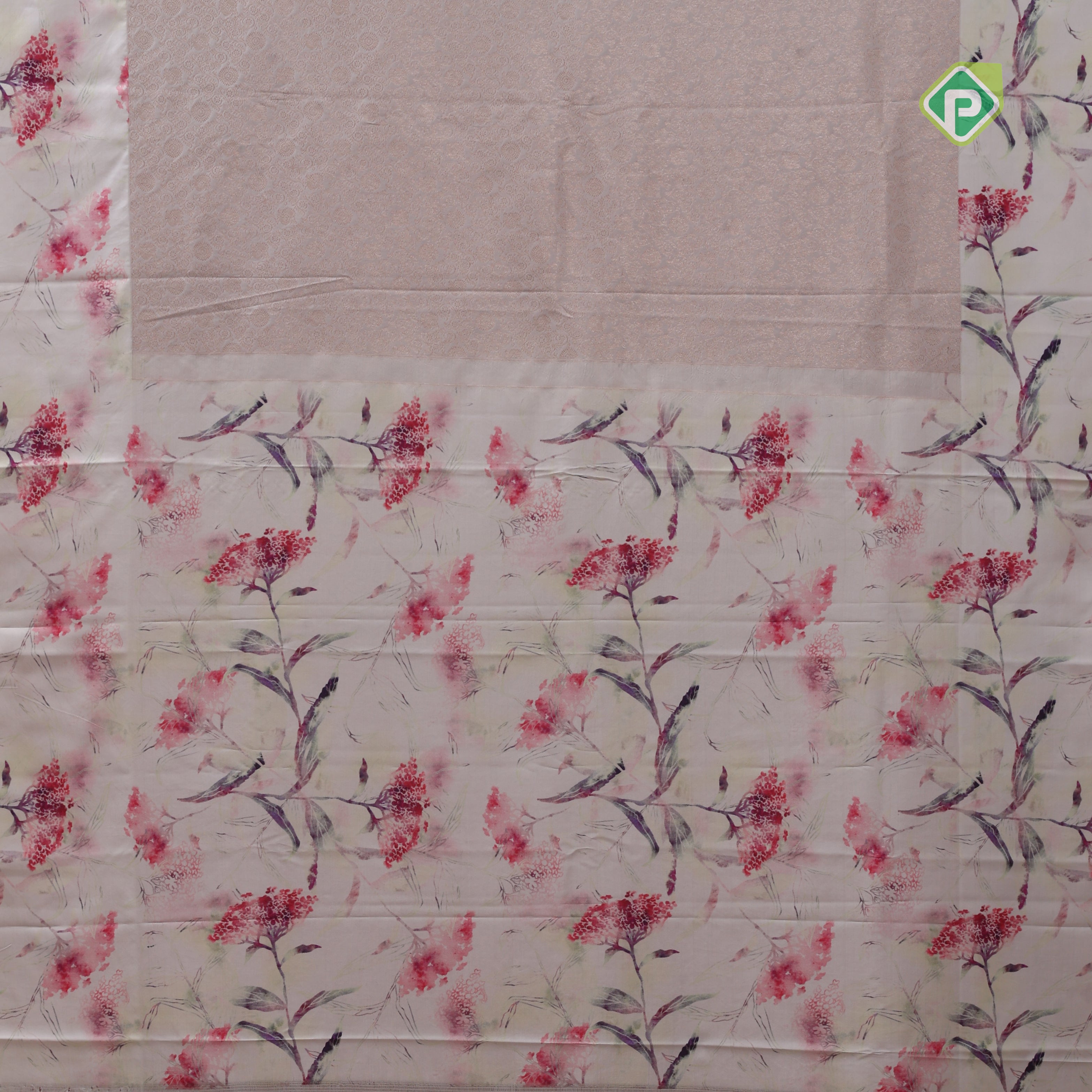 peach gold zari grand floral creamy sandal modern art digital printed border silk saree