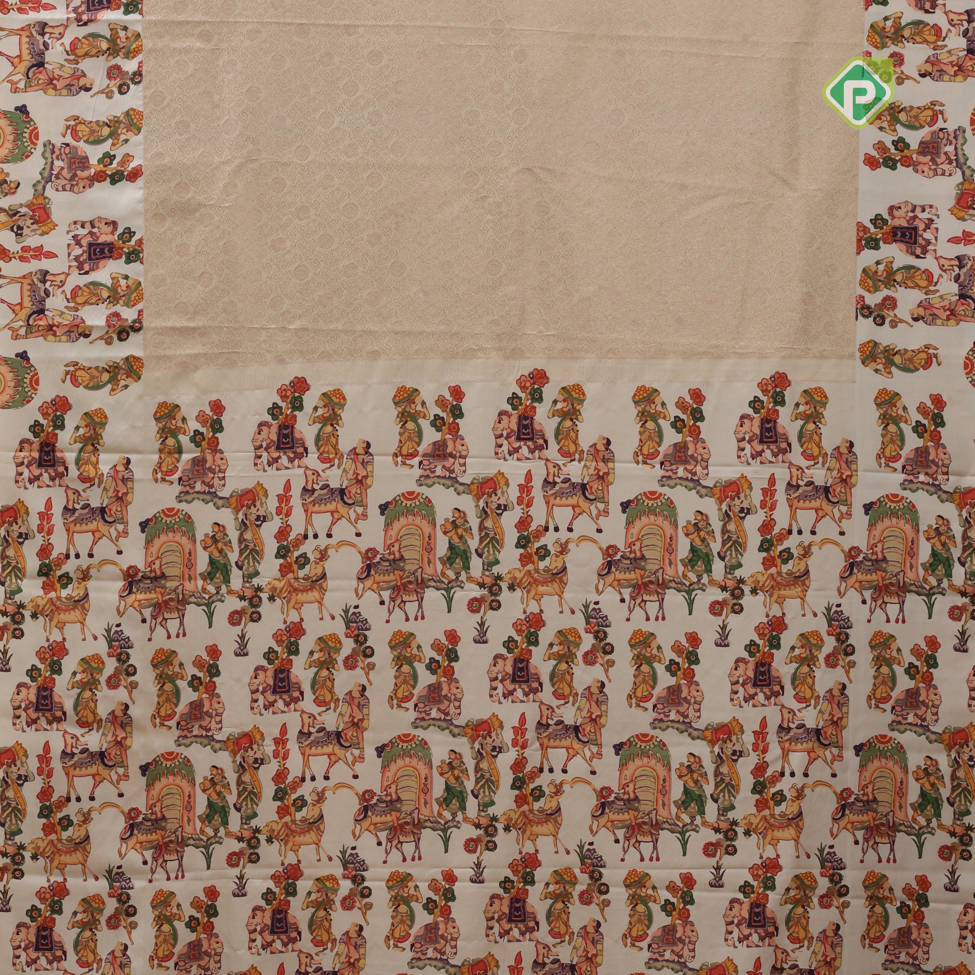 earth green silver zari grand floral creamy green cow and flower bunch digital print border silk saree
