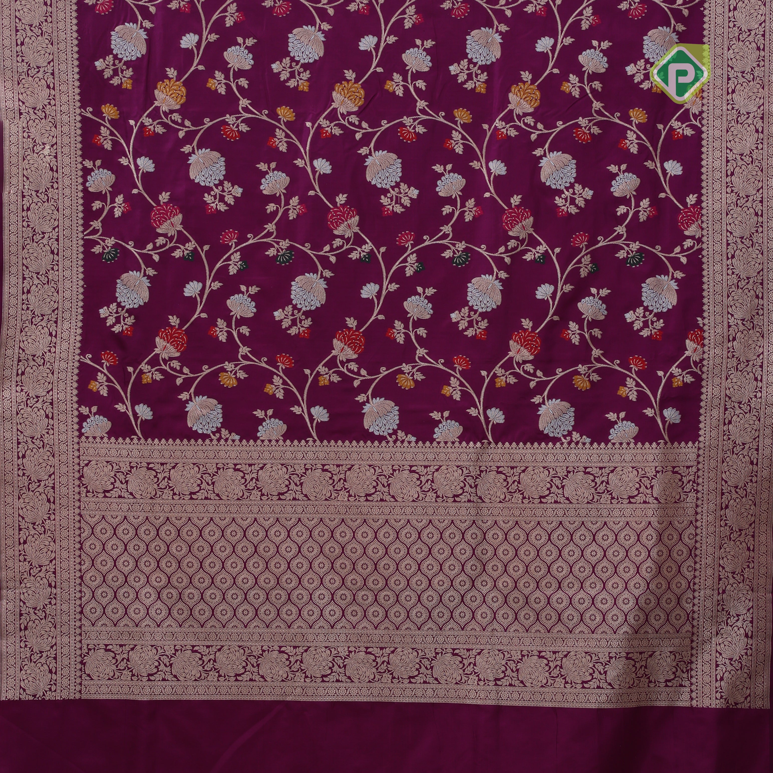 Dark pink silver gold zari grand floral design self gold zari rangoli design Banaras silk saree