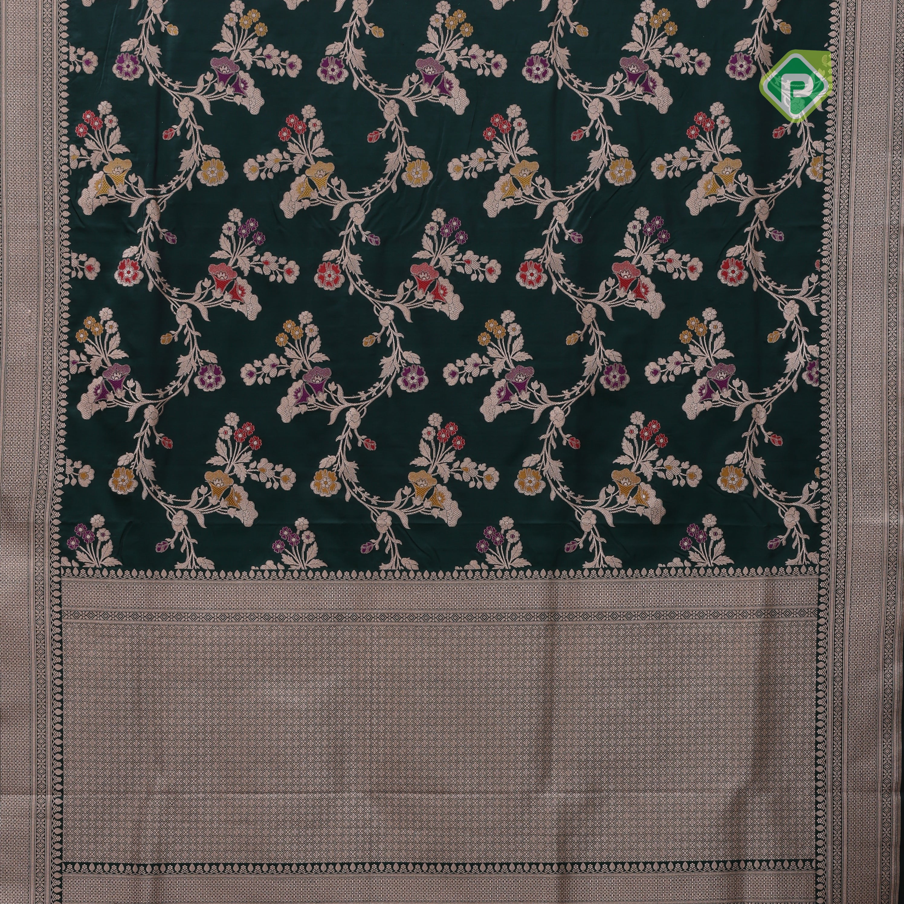 bottle green silver gold zari grand floral design self gold zari rangoli design Banaras silk saree