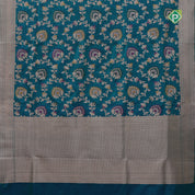 peacock blue silver gold zari grand floral design self gold zari rangoli design border Banaras silk saree