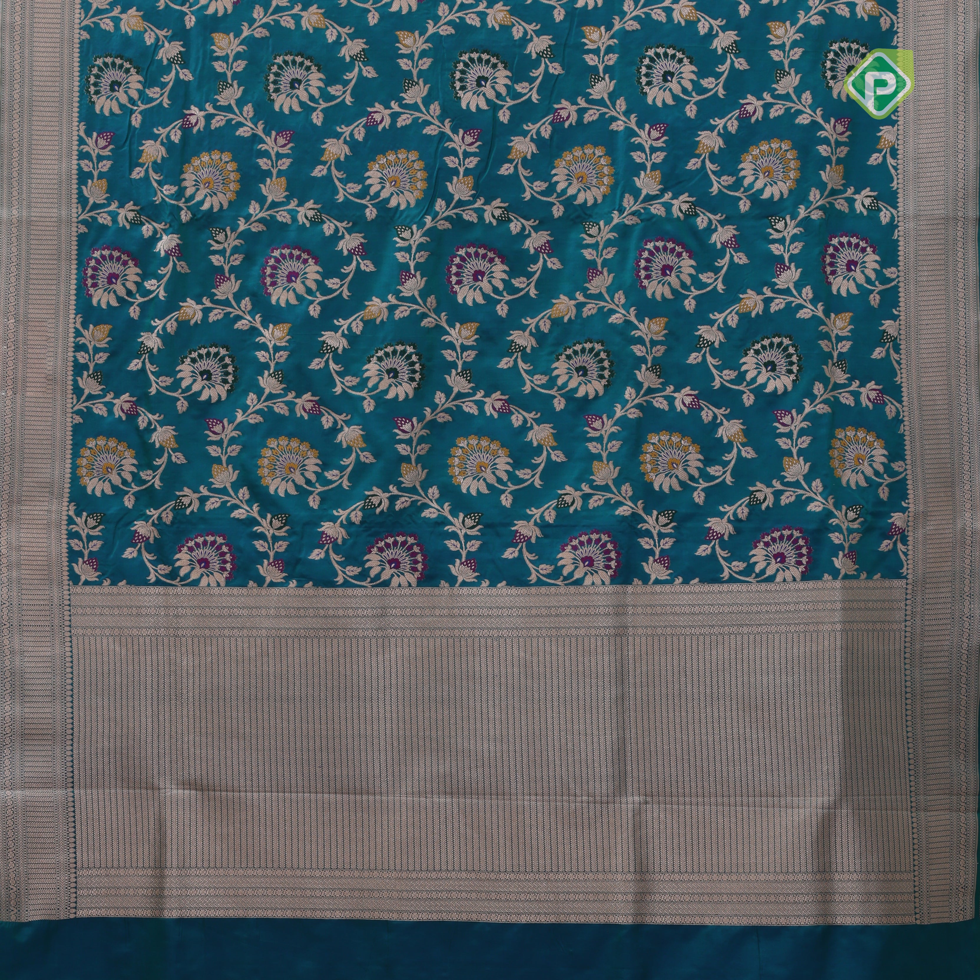 peacock blue silver gold zari grand floral design self gold zari rangoli design border Banaras silk saree