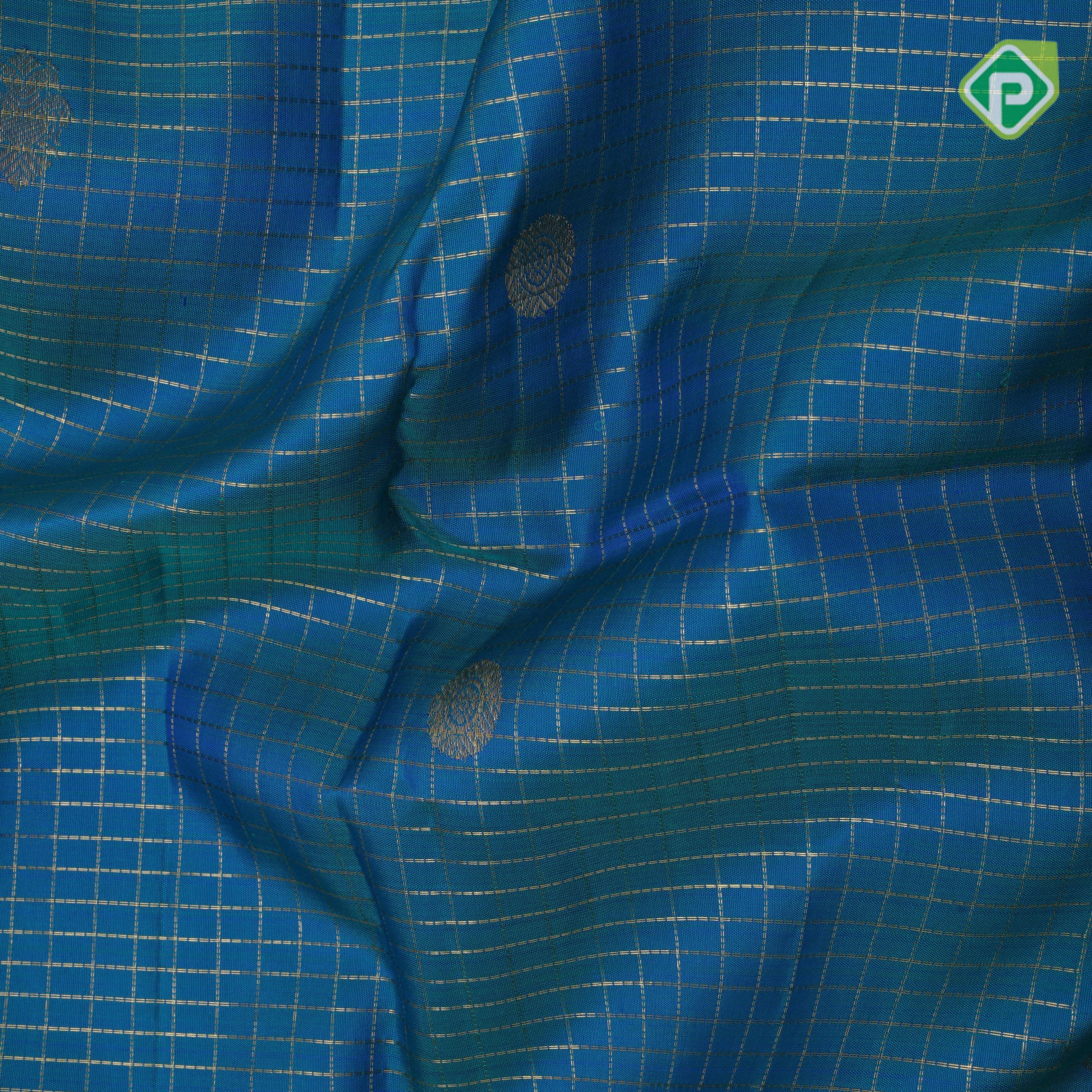 Peacock blue gold zari vairaoosi chakkram butta self gold zari designed multi lines border traditional silk saree