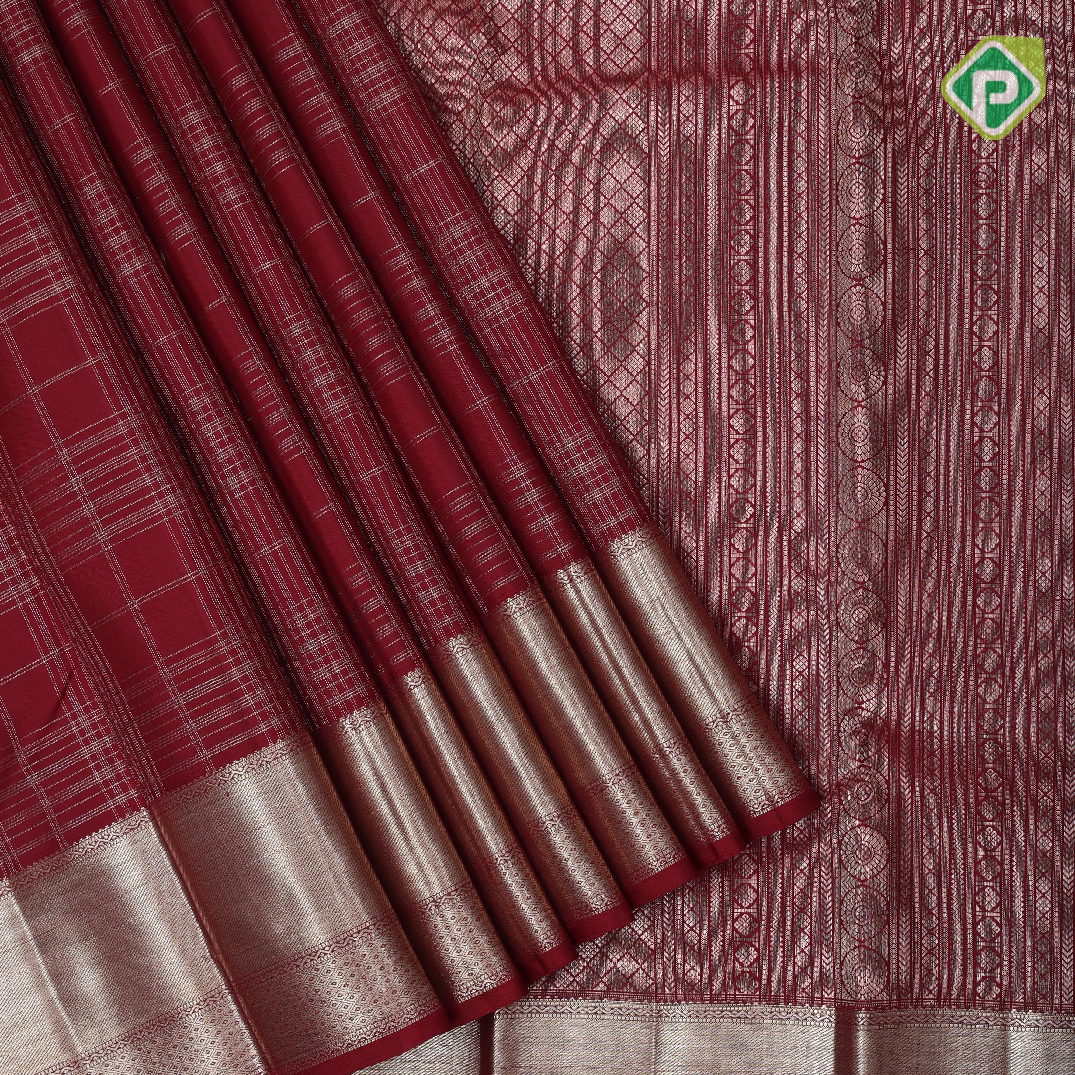 maroon gold zari multi lines checks self gold zari double design border traditional silk saree