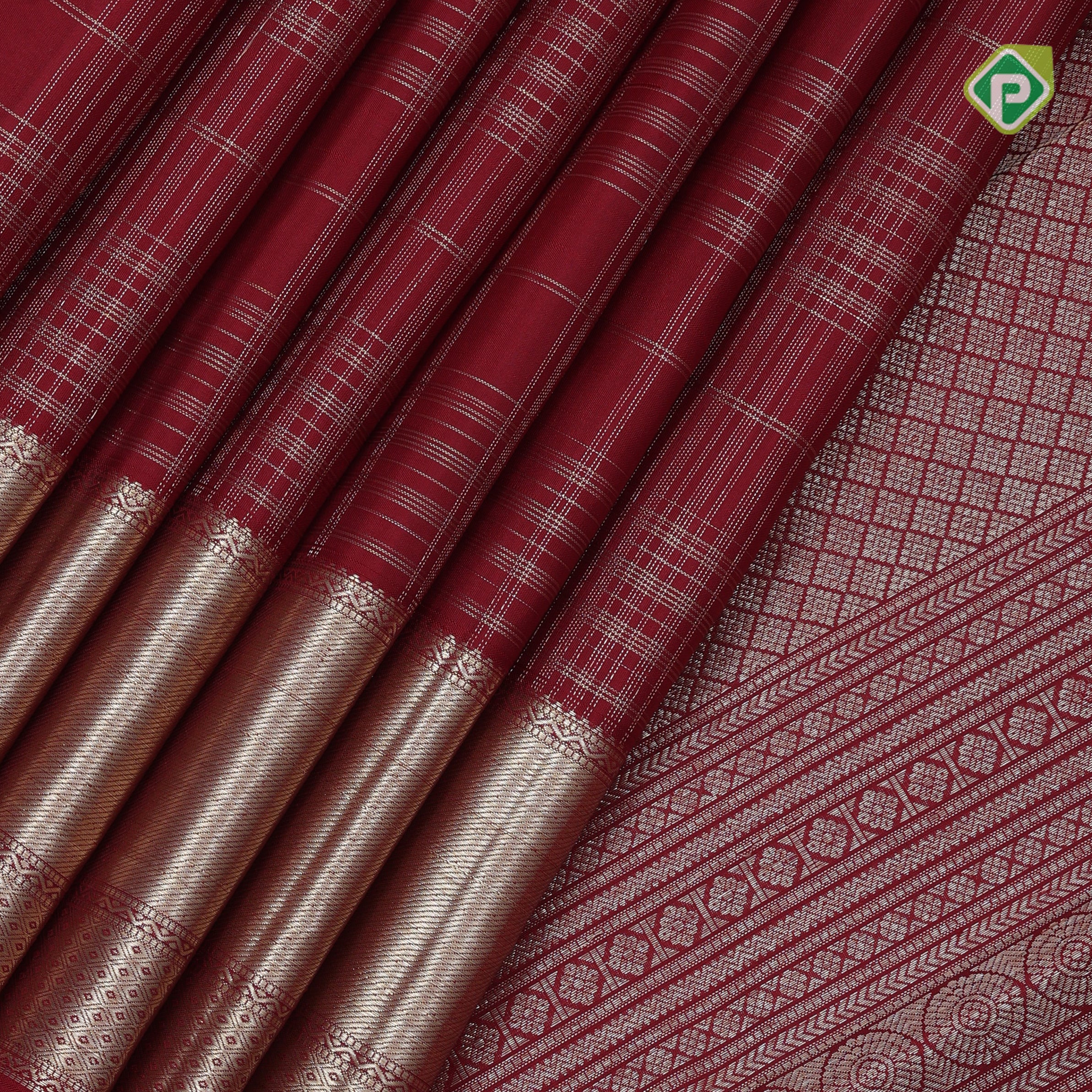 maroon gold zari multi lines checks self gold zari double design border traditional silk saree