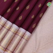 Beetroot pink gold zari mango thilagam butta contrast peach cream ambari design border Traditional silk saree