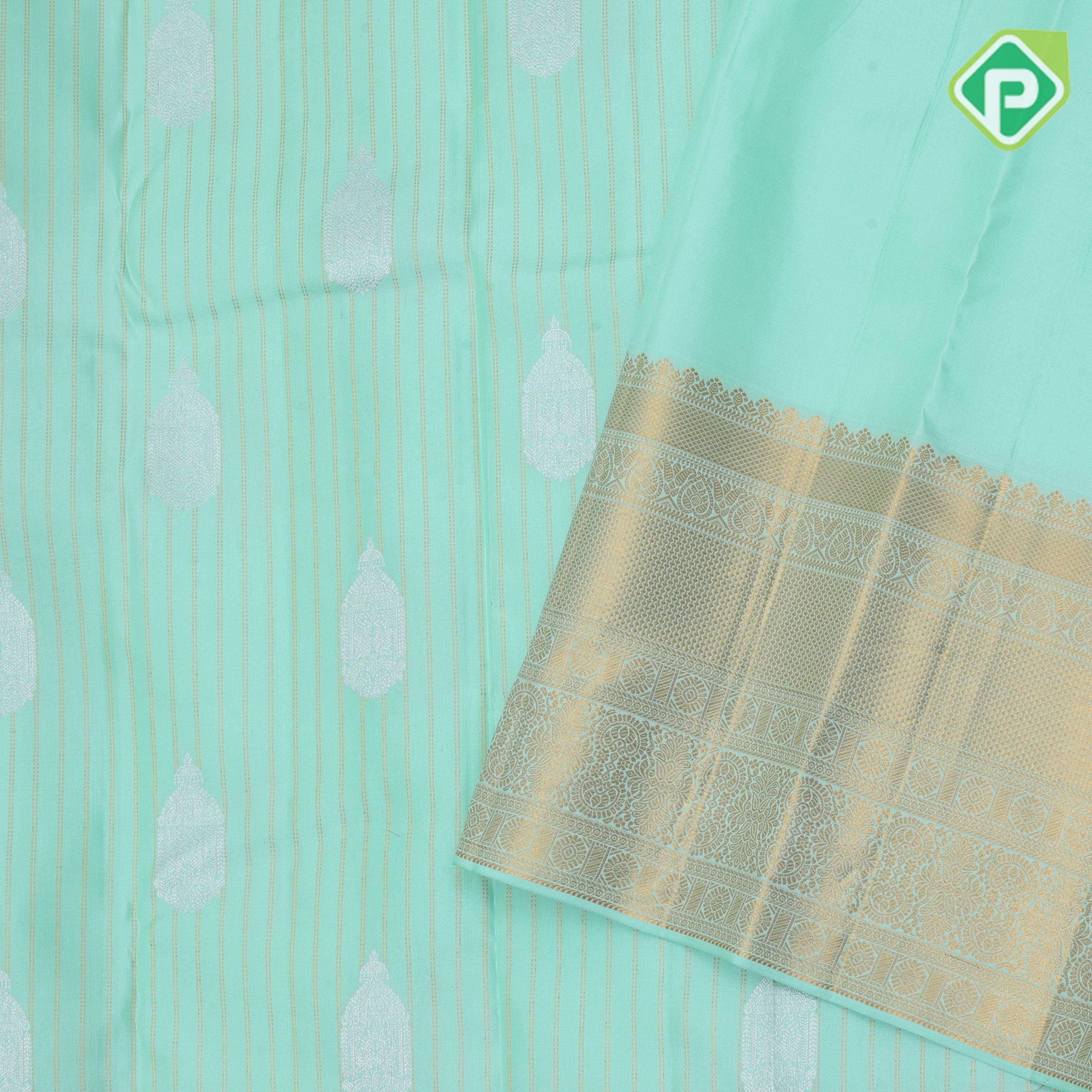 Pista green gold zari track stripes silver zari chariot design self gold zari border Traditional Silk Saree