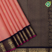 Peach gold zari peacock and flower butta design contrast blue gold zari peacock chakram border Traditional silk saree