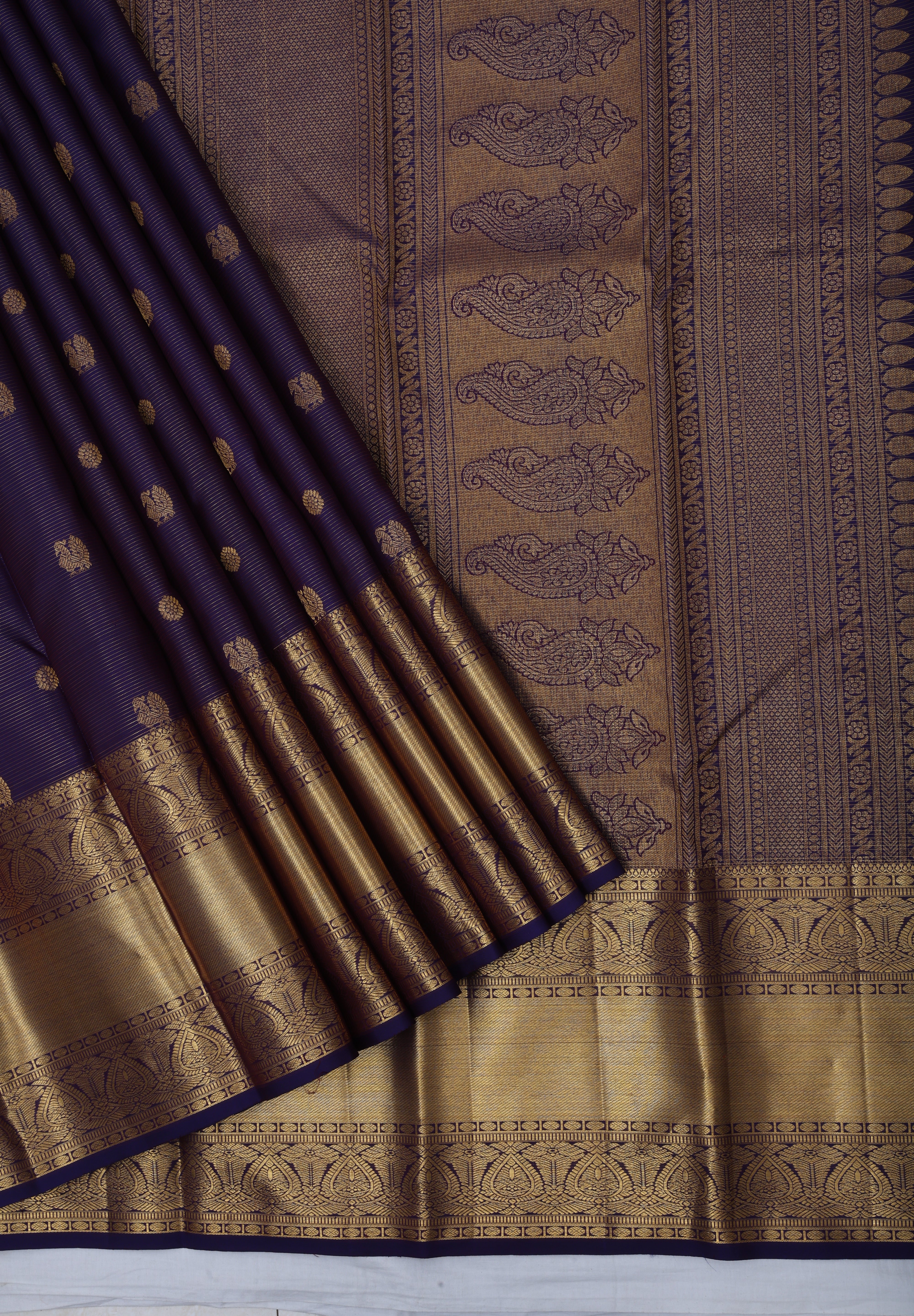 Purple blue gold zari vairaoosi butta design self gold zari mid bavanji border traditional silk saree
