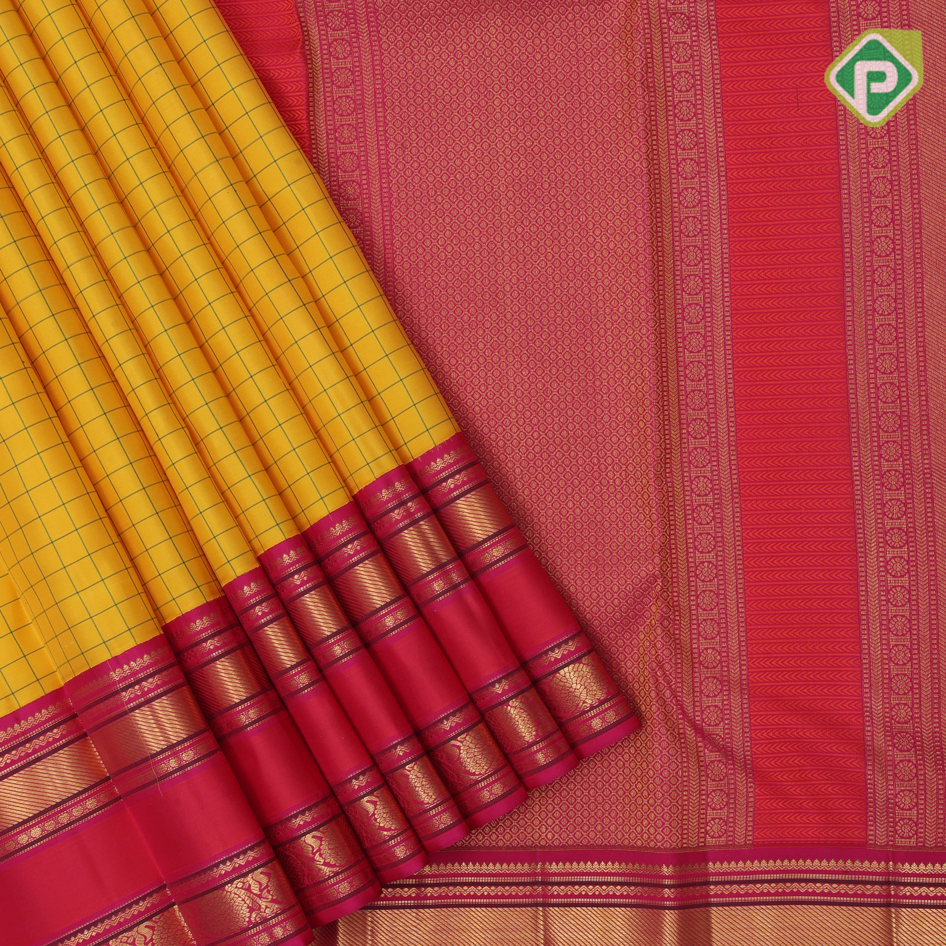 Corn yellow green silk thread Checks design contrast rani pink meena work rettapet border traditional Silk saree