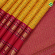 Corn yellow green silk thread Checks design contrast rani pink meena work rettapet border traditional Silk saree