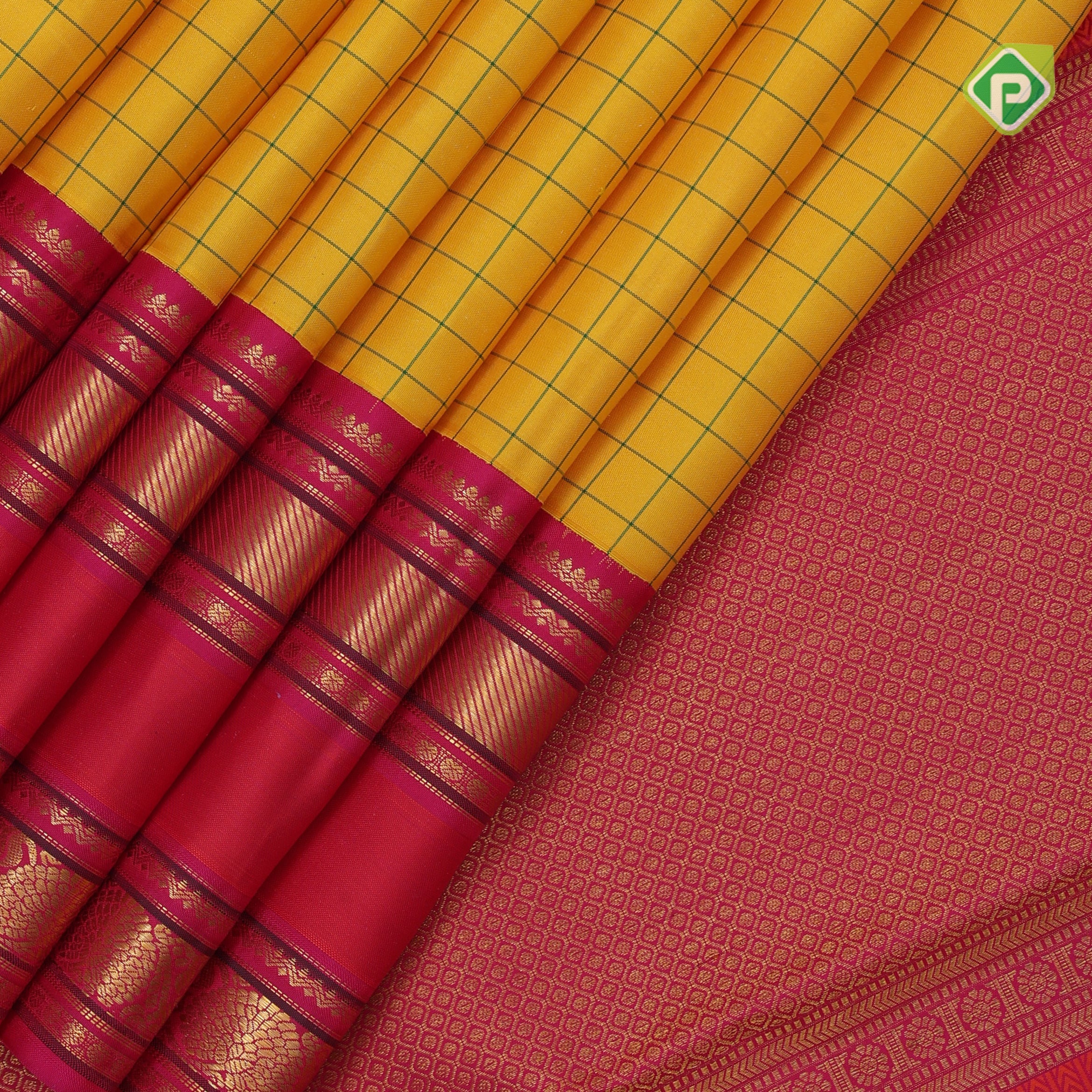 Corn yellow green silk thread Checks design contrast rani pink meena work rettapet border traditional Silk saree