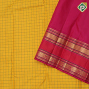 Corn yellow green silk thread Checks design contrast rani pink meena work rettapet border traditional Silk saree
