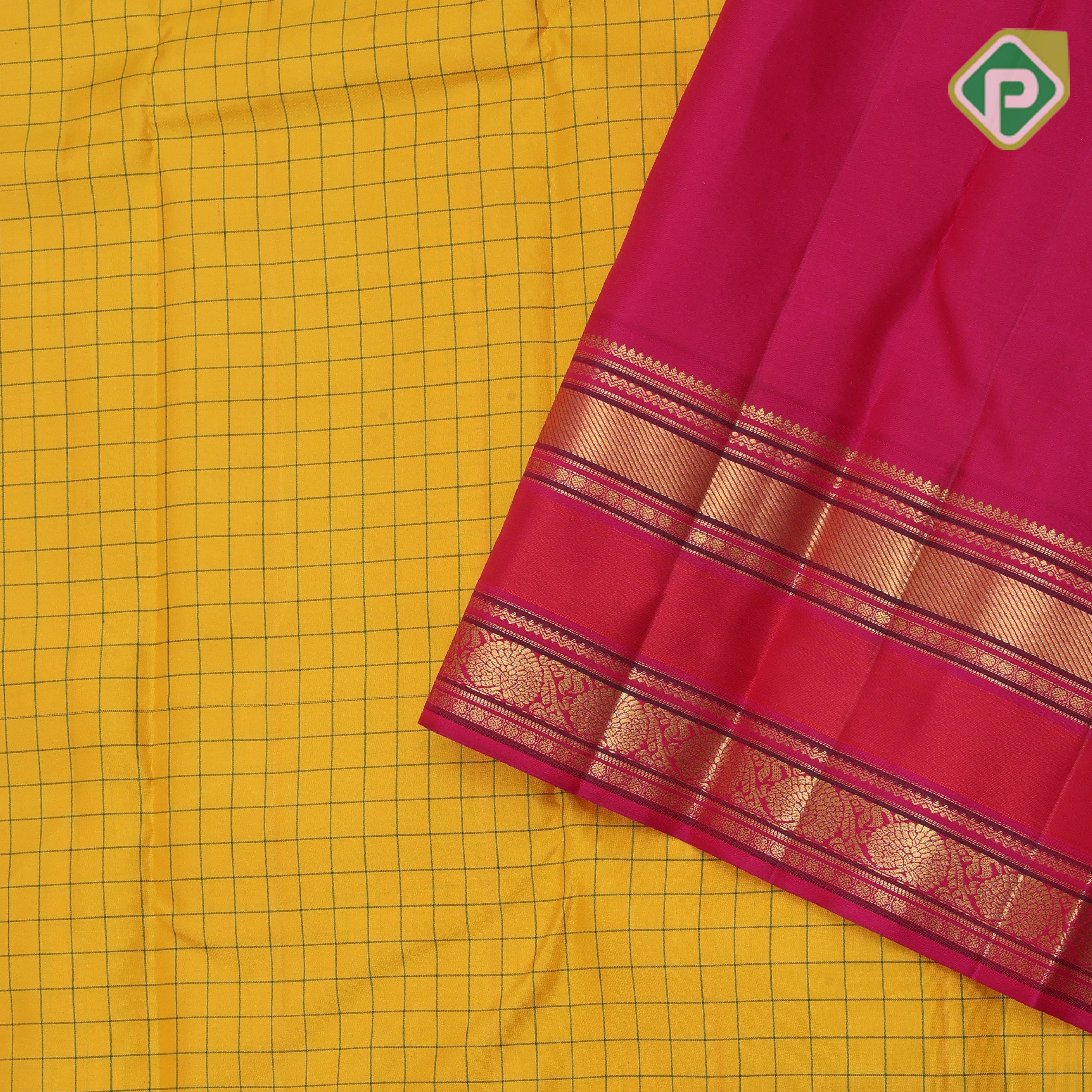 Corn yellow green silk thread Checks design contrast rani pink meena work rettapet border traditional Silk saree