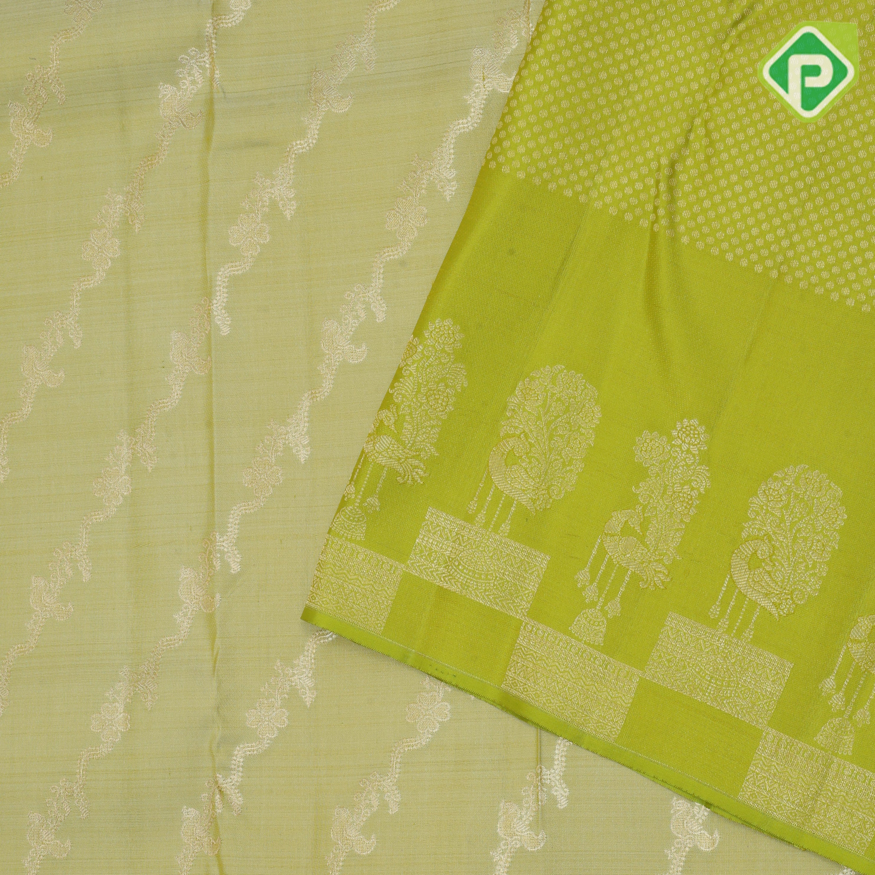Mint green gold zari grand floral creeper design parrot green peacock design border grand bridal silk saree