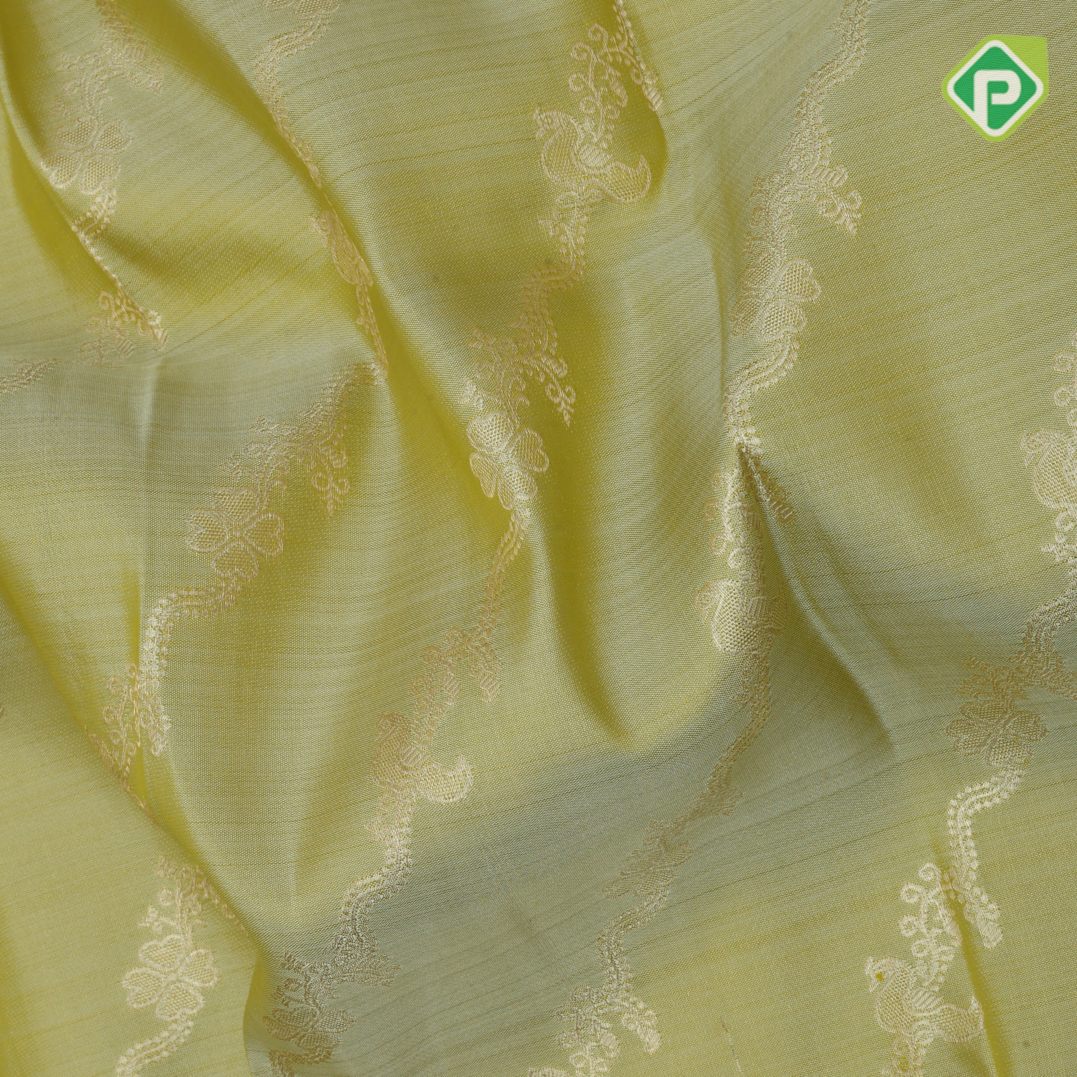 Mint green gold zari grand floral creeper design parrot green peacock design border grand bridal silk saree