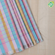 Multi color with silver gold zari checks self gold zari edge border trendy designer silk saree