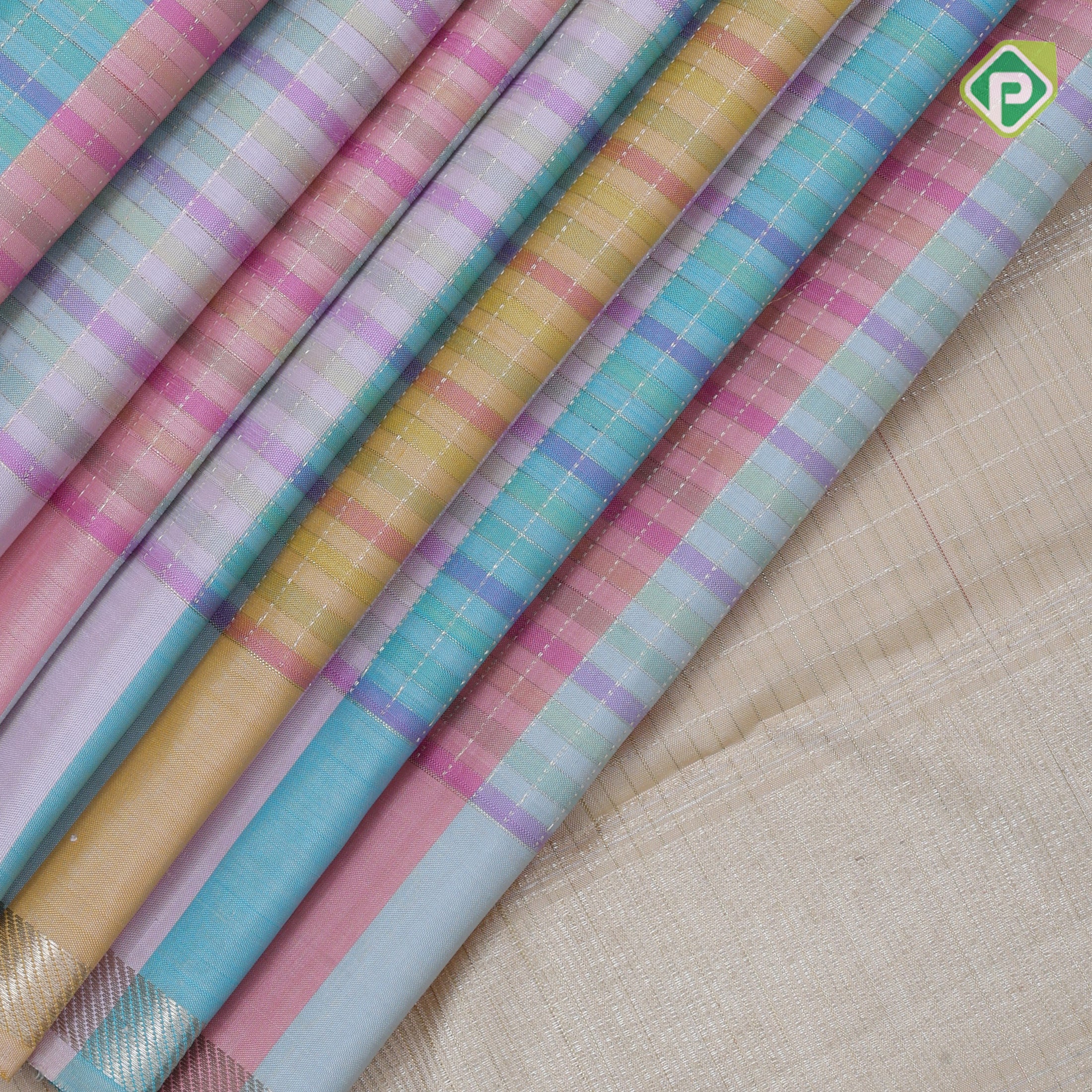 Multi color with silver gold zari checks self gold zari edge border trendy designer silk saree