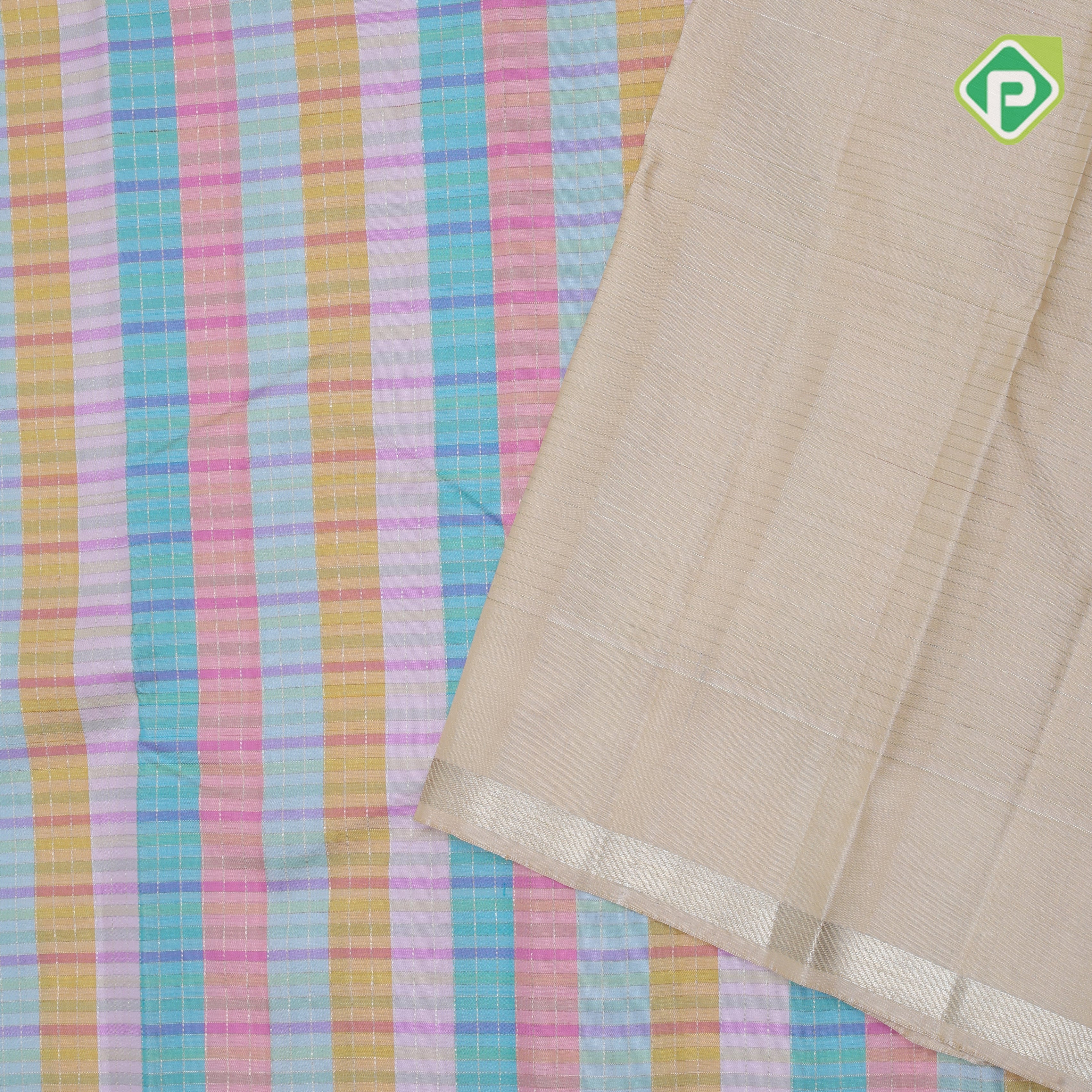 Multi color with silver gold zari checks self gold zari edge border trendy designer silk saree