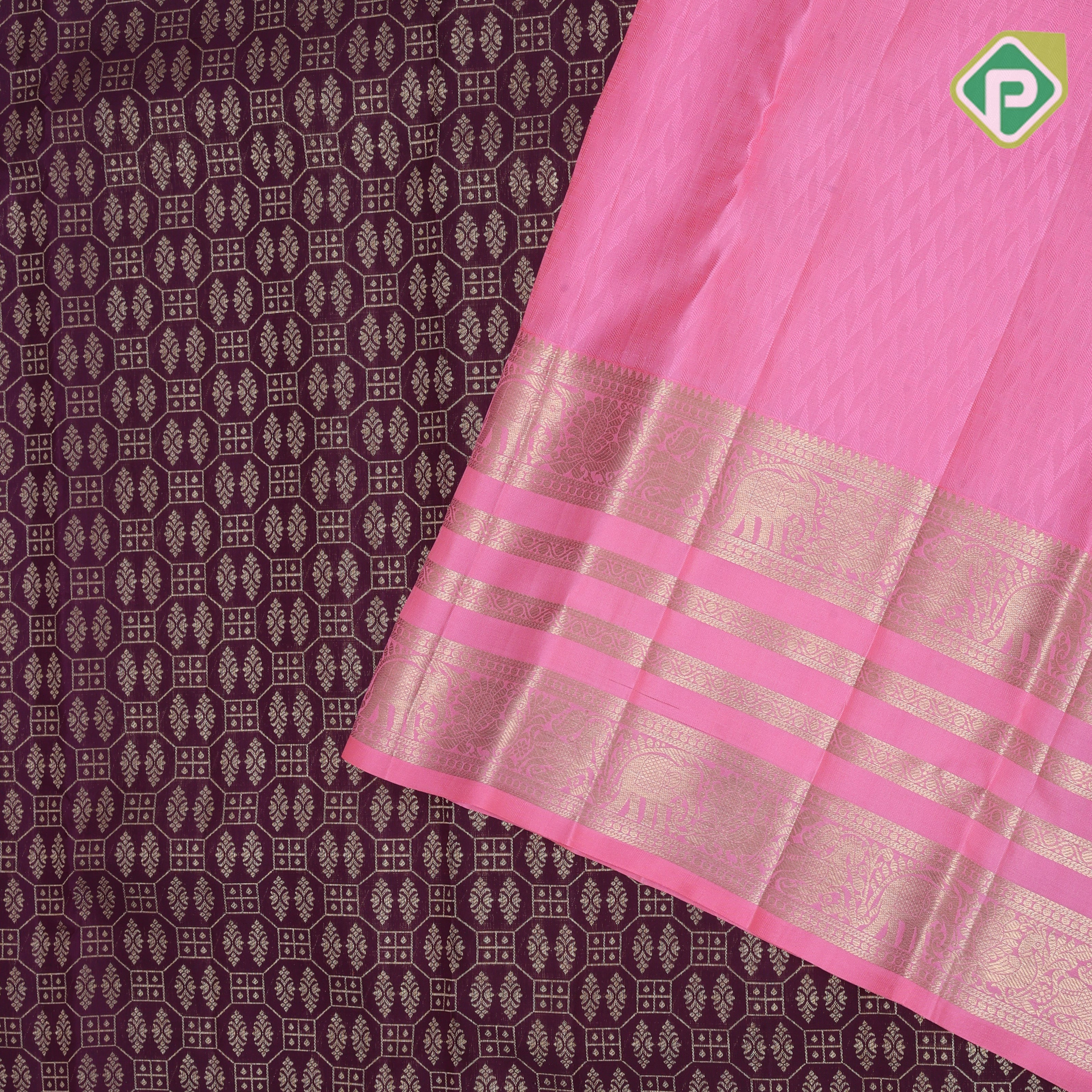 beetroot maroon gold zari grand butta design contrast baby pink gold zari multi lines border grand bridal silk saree