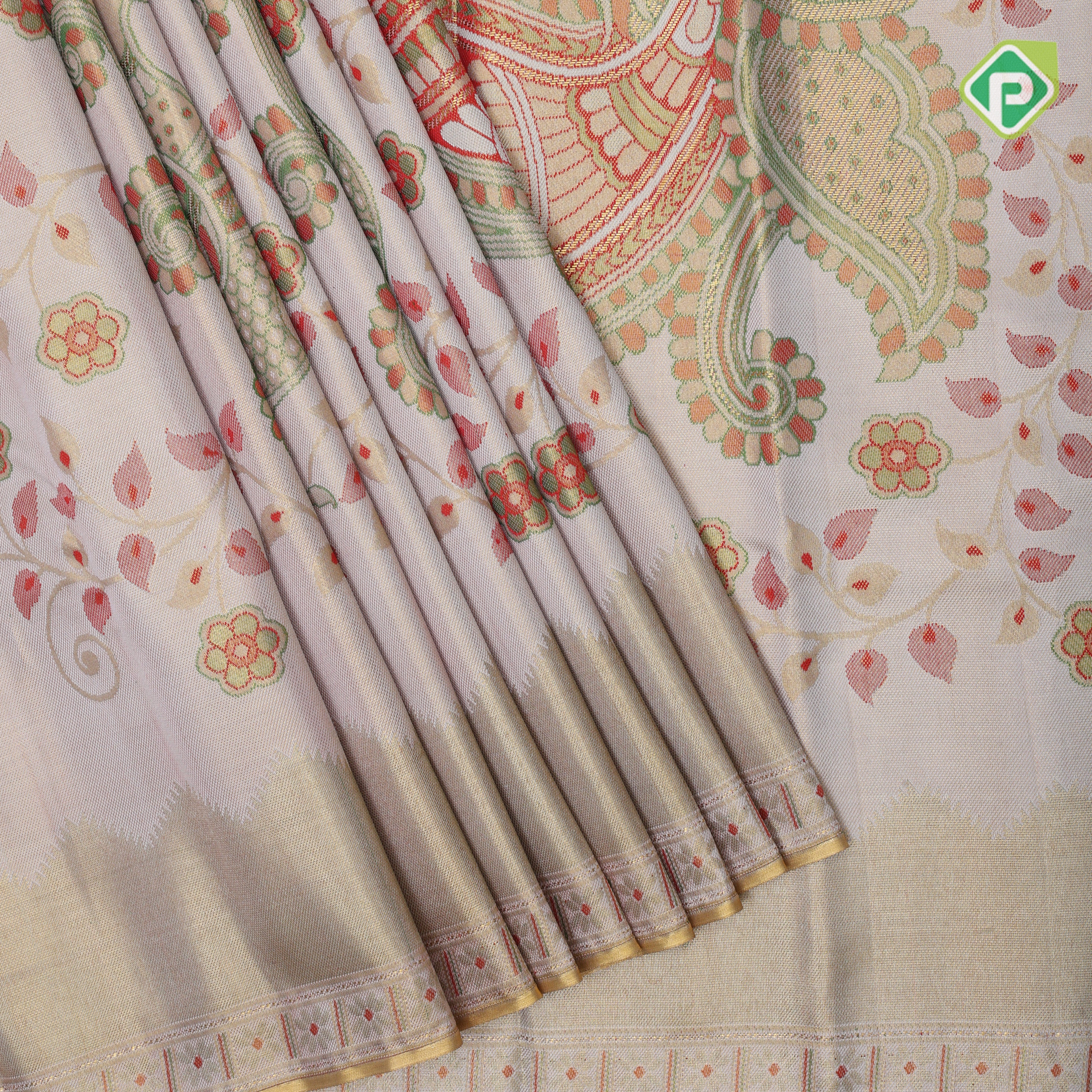 Milk white gold zari colorful big peacock zari by zari weaved self gold zari turning border signature edition silk saree