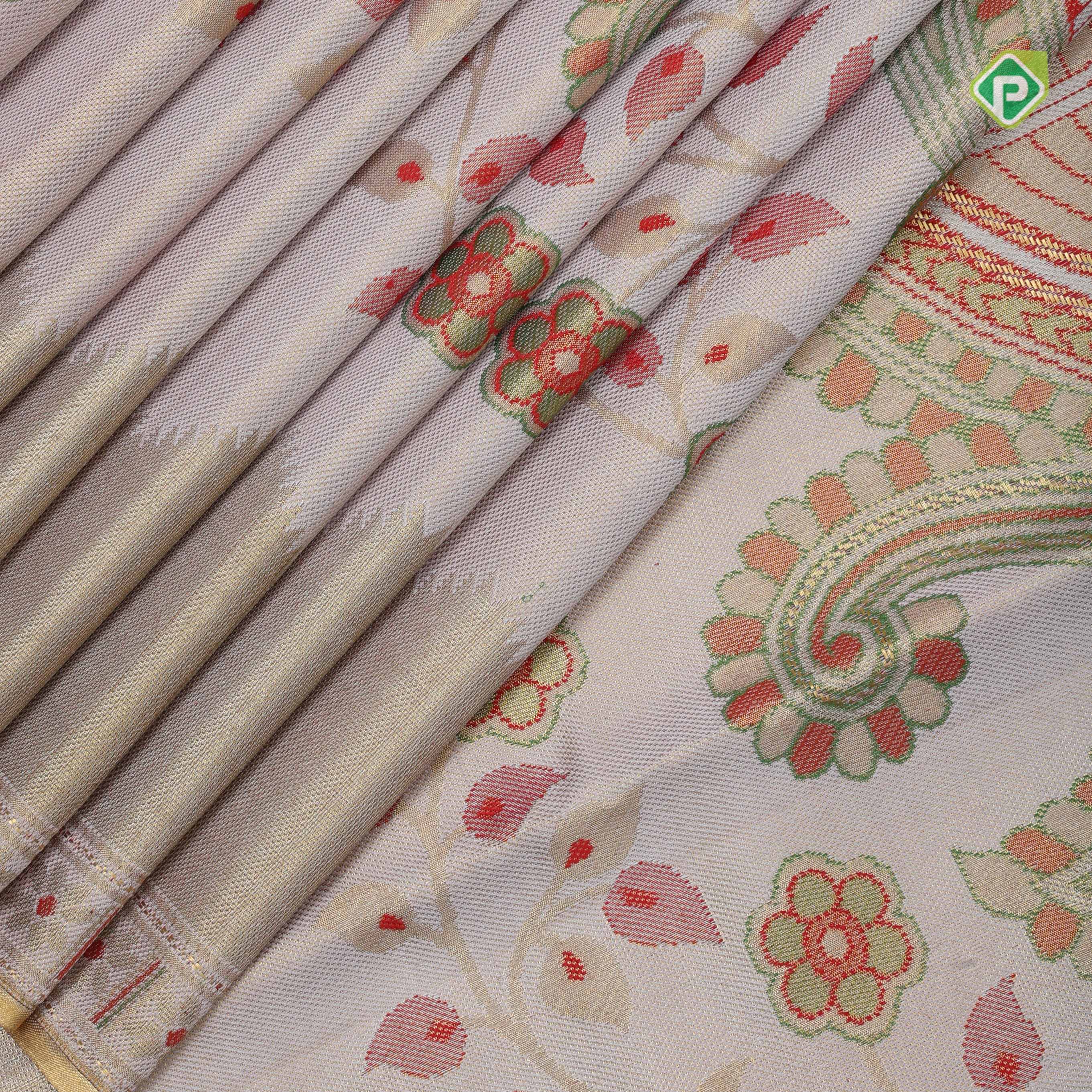 Milk white gold zari colorful big peacock zari by zari weaved self gold zari turning border signature edition silk saree