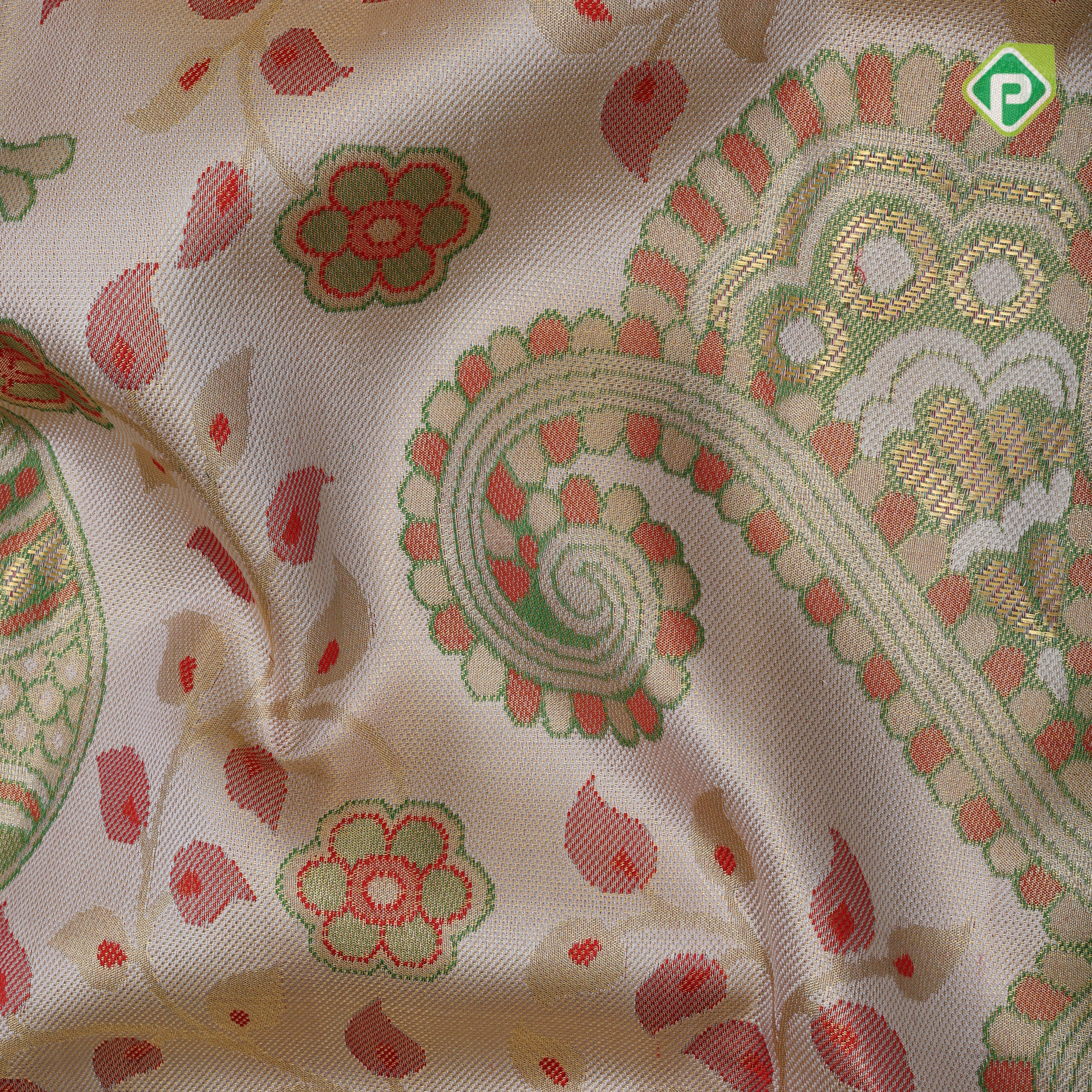 Milk white gold zari colorful big peacock zari by zari weaved self gold zari turning border signature edition silk saree