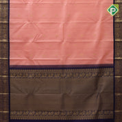 Peach gold zari peacock and flower butta design contrast blue gold zari peacock chakram border Traditional silk saree