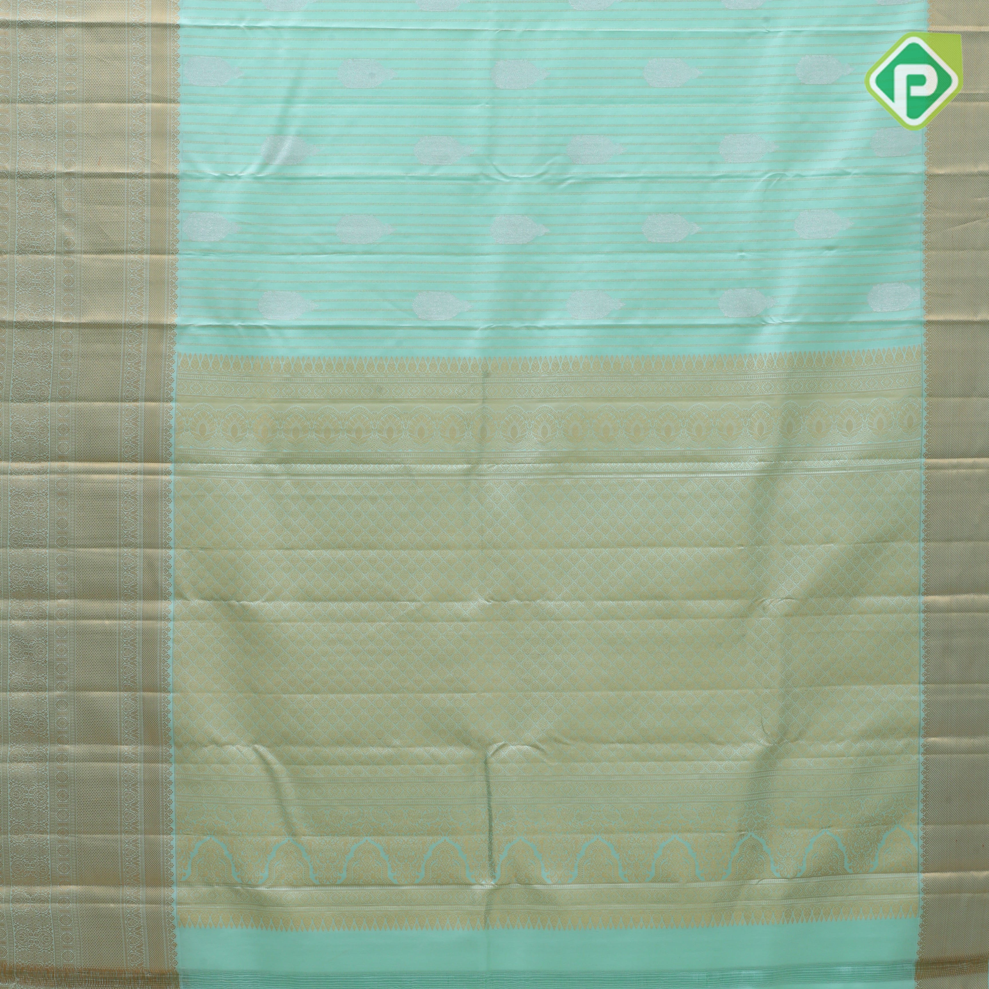 Pista green gold zari track stripes silver zari chariot design self gold zari border Traditional Silk Saree