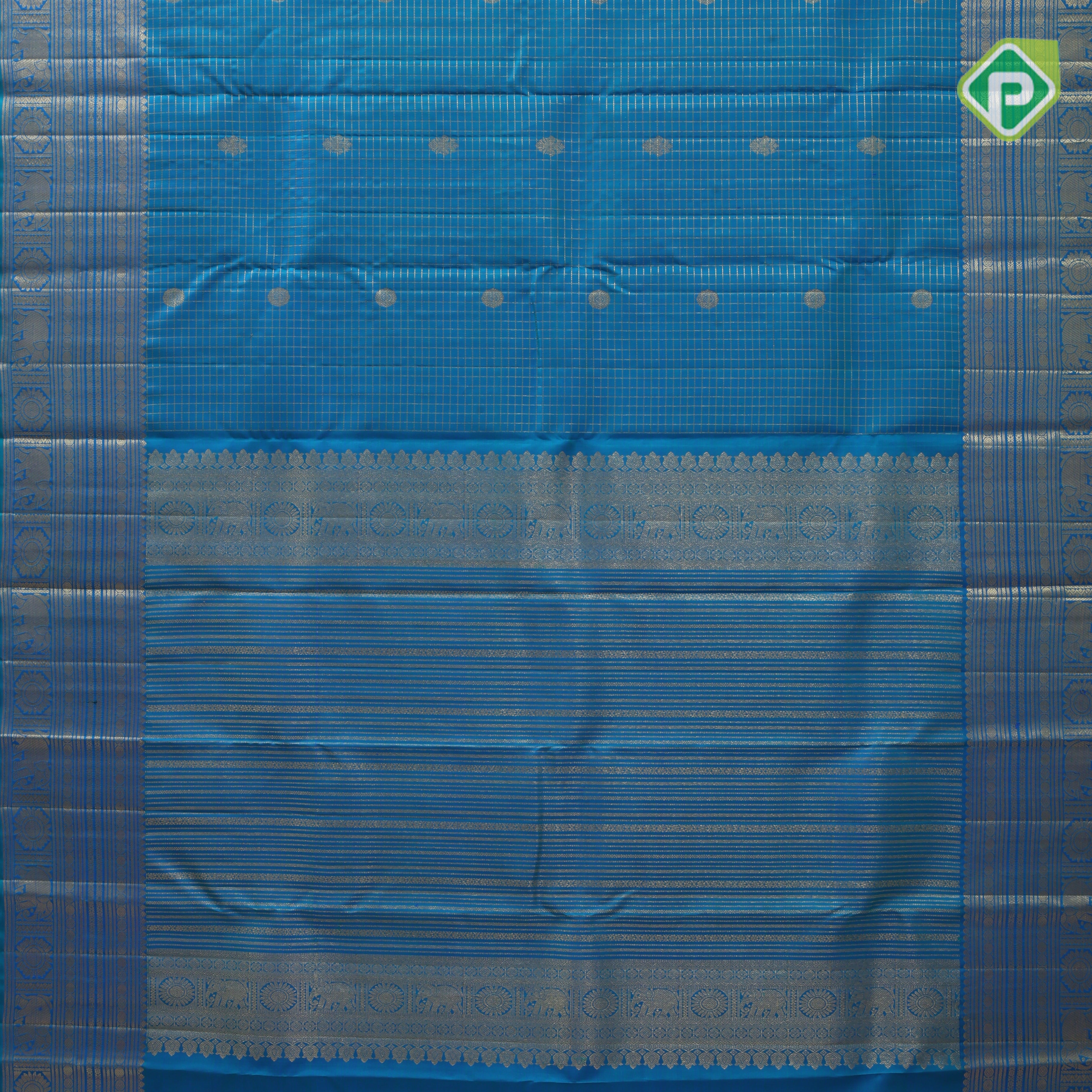 Peacock blue gold zari vairaoosi chakkram butta self gold zari designed multi lines border traditional silk saree