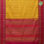 Corn yellow green silk thread Checks design contrast rani pink meena work rettapet border traditional Silk saree