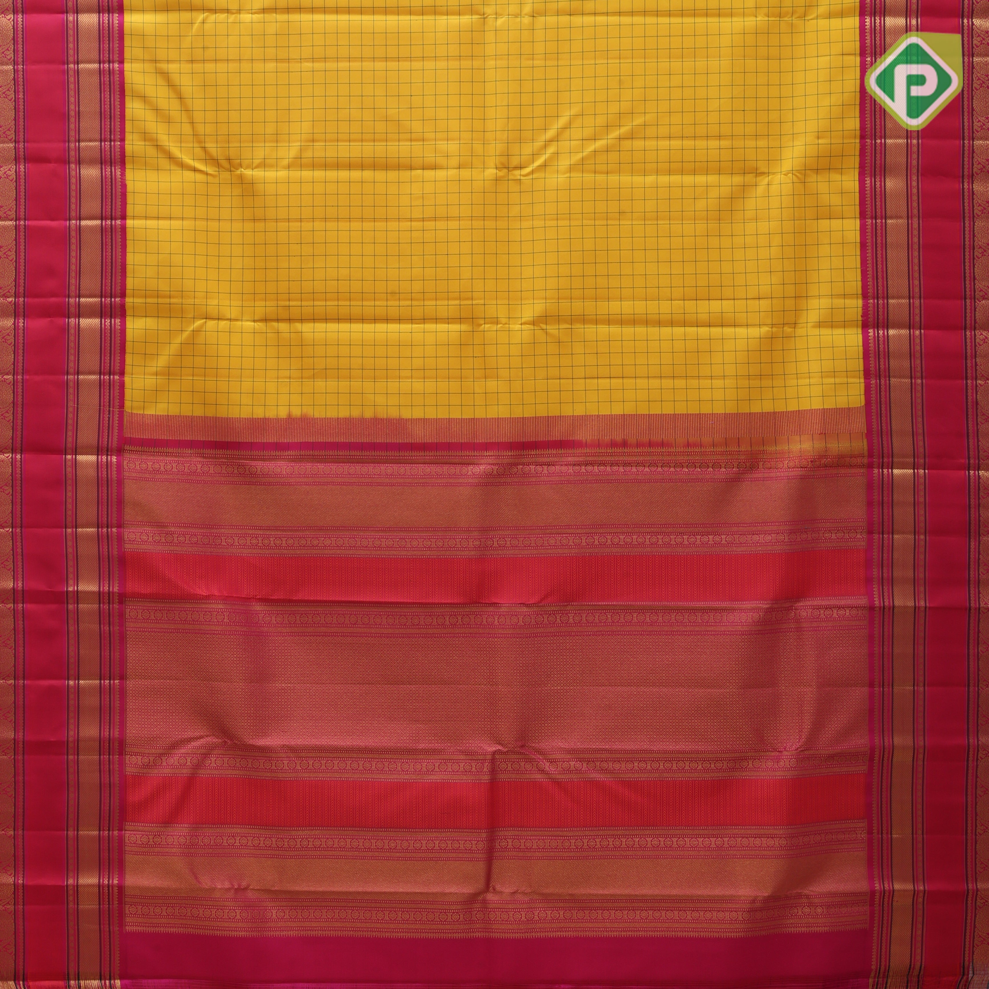 Corn yellow green silk thread Checks design contrast rani pink meena work rettapet border traditional Silk saree