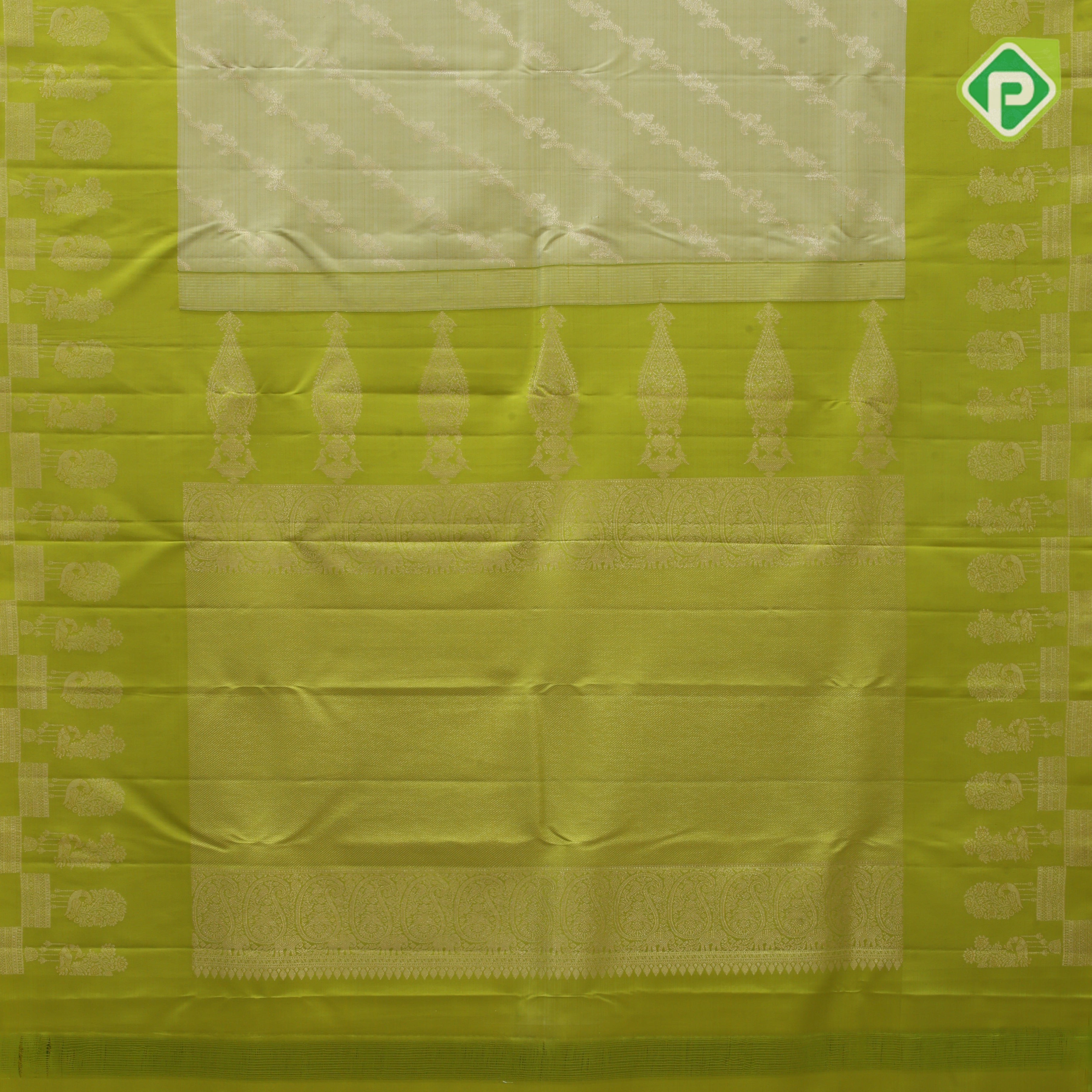 Mint green gold zari grand floral creeper design parrot green peacock design border grand bridal silk saree