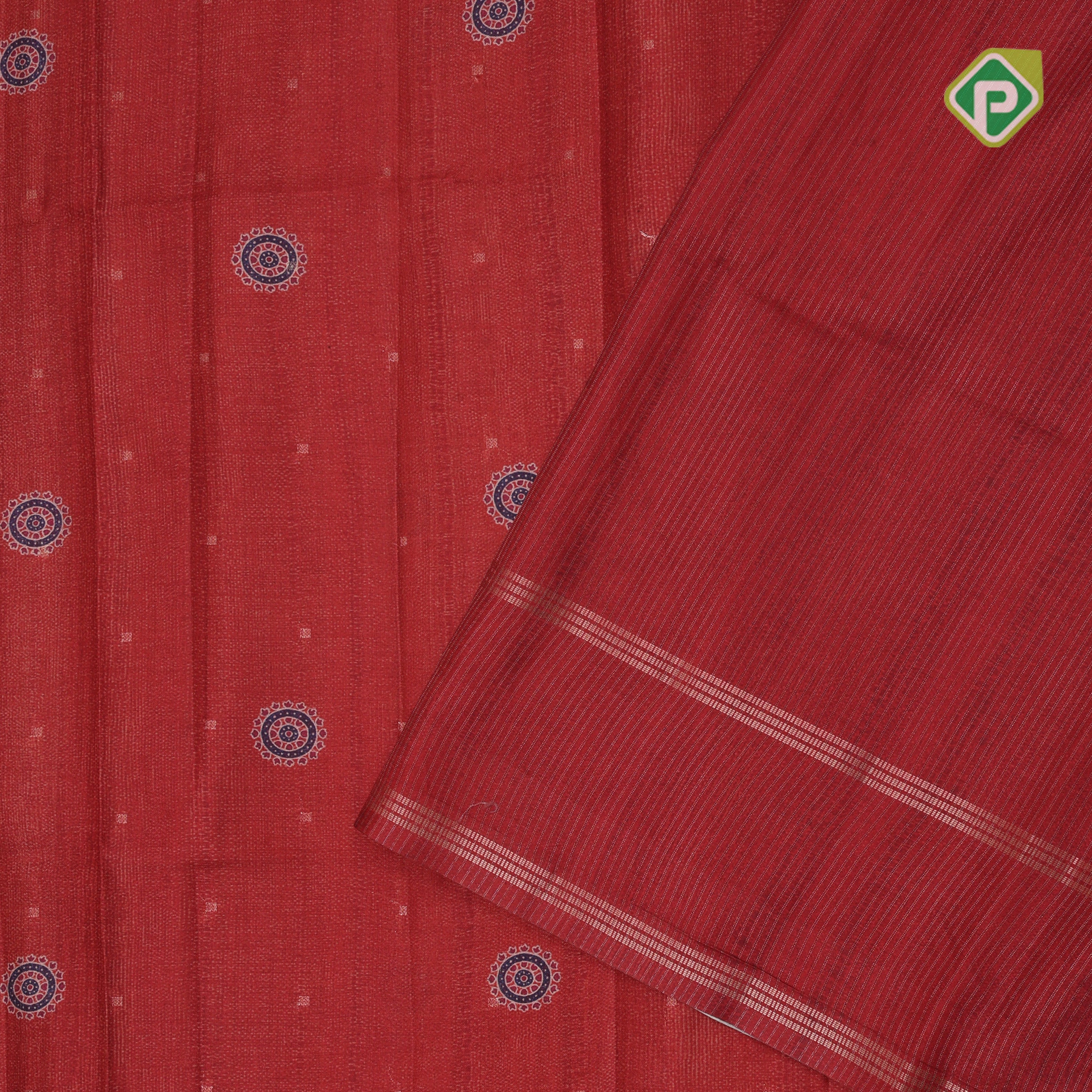 Dark color gold zari butta chakram prints cream base leaves border fancy cotton saree