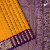 Mango yellow red green silk thread butta design contrast Purple blue gold zari meena work border Traditional silk saree