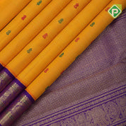 Mango yellow red green silk thread butta design contrast Purple blue gold zari meena work border Traditional silk saree