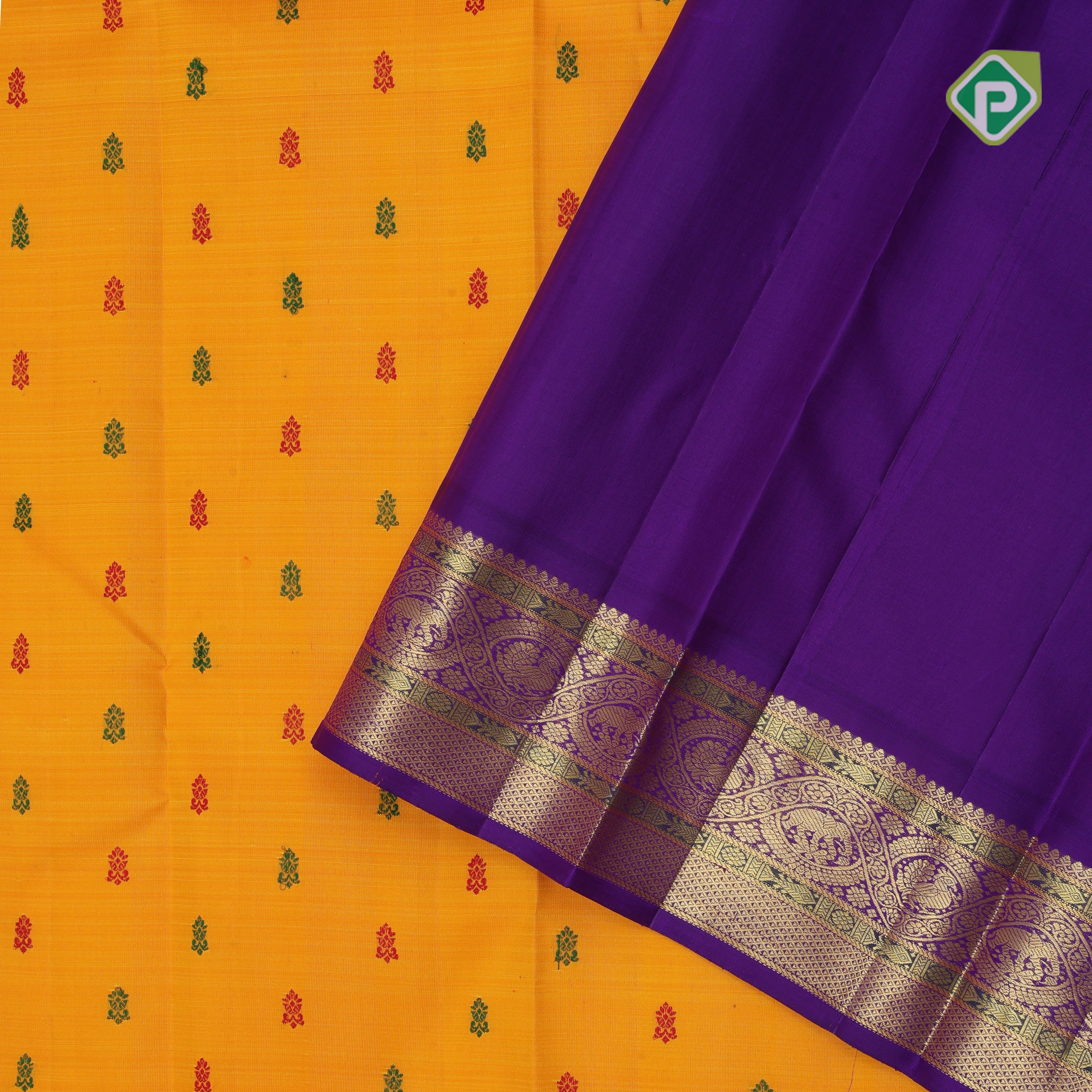 Mango yellow red green silk thread butta design contrast Purple blue gold zari meena work border Traditional silk saree