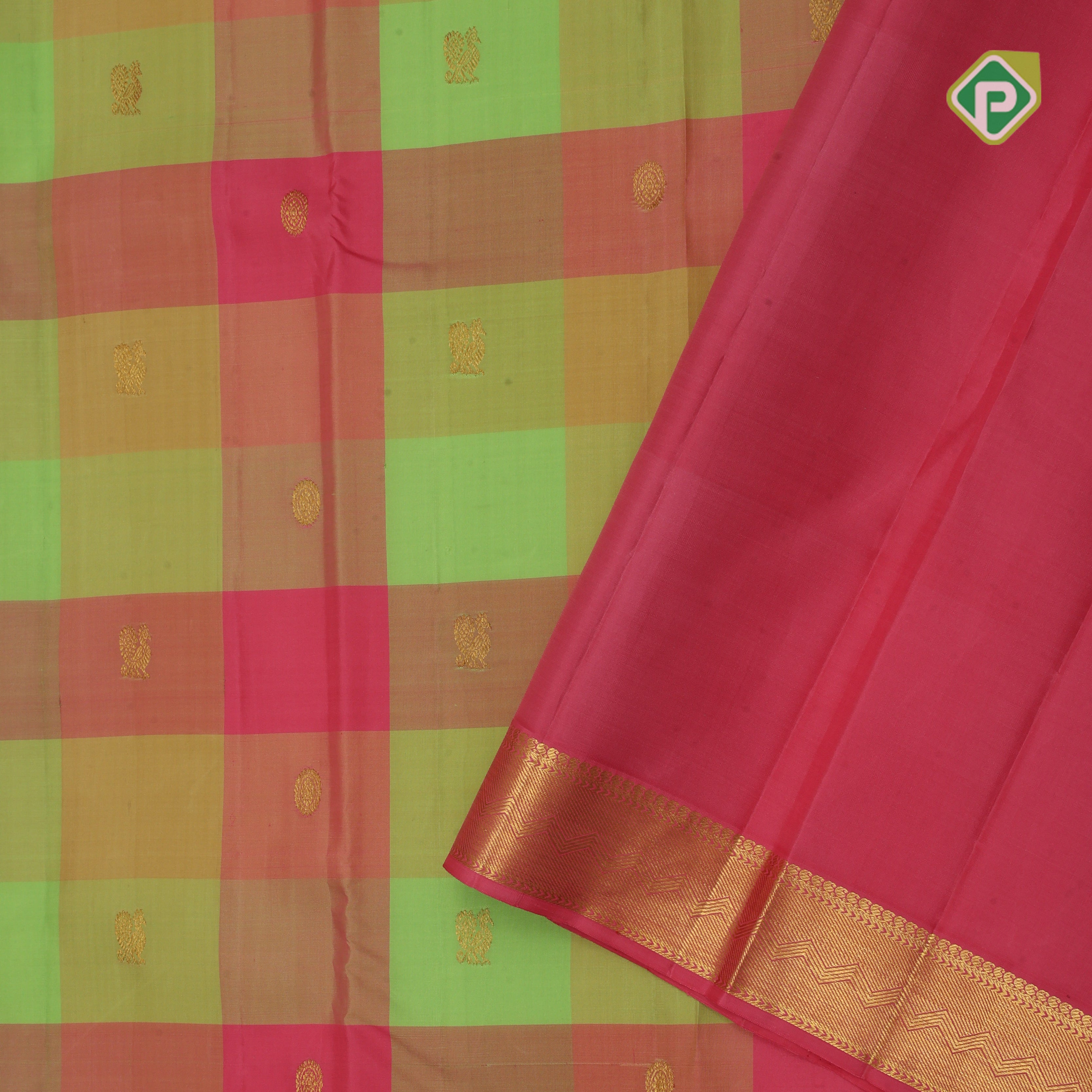 pink base tri color big checks annam chakkram butta pink gold zari edge border traditional silk saree