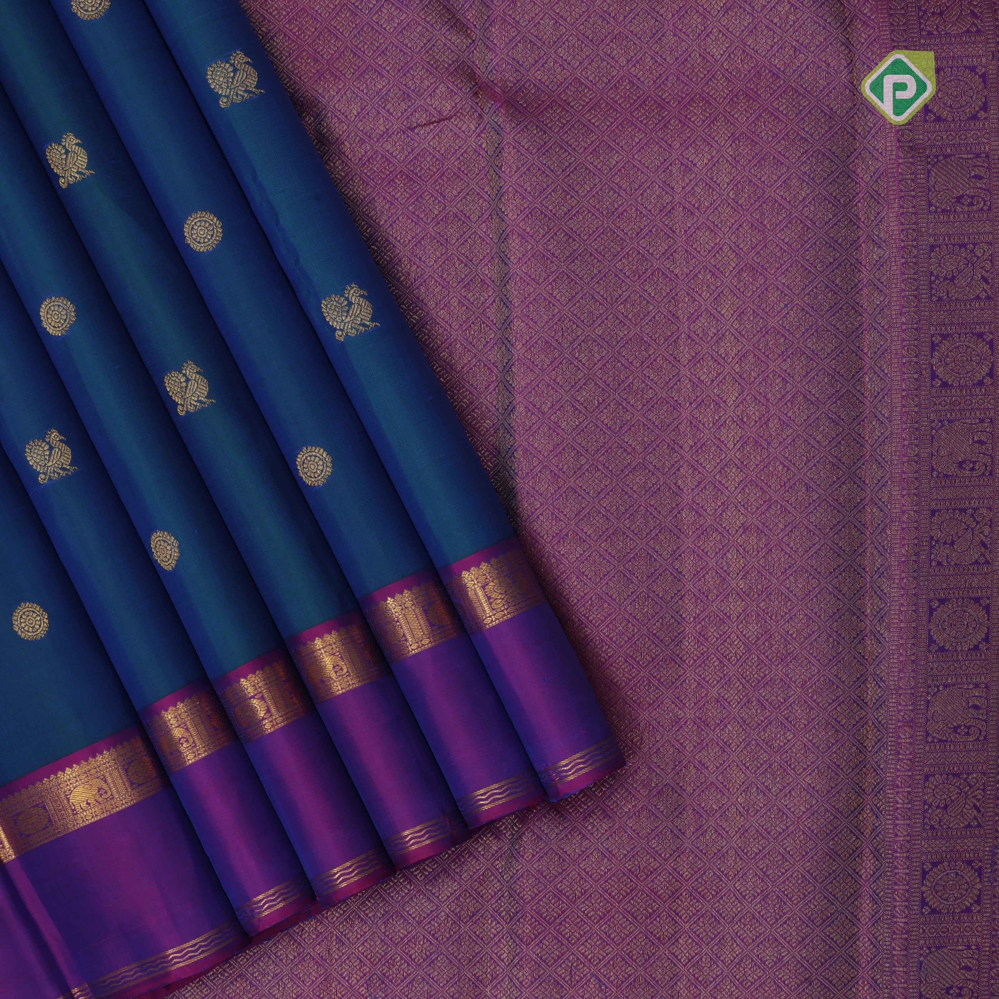 peacock blue gold zari rudraksham peacock butta contrast purple gold zari rettapet border traditional silk saree
