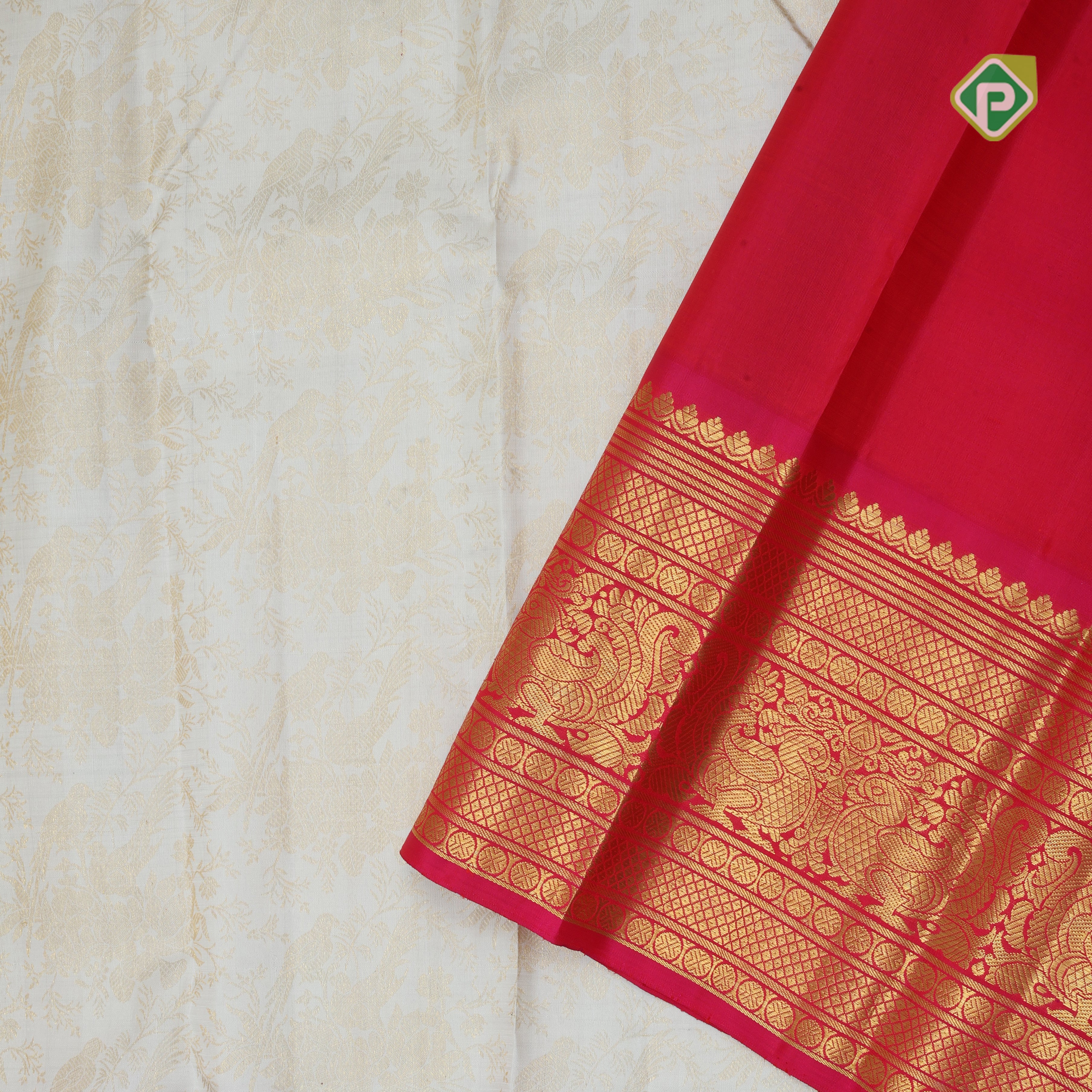 Half White gold zari sparrows in flowers grand design rani pink gold zari annam border grand bridal silk saree