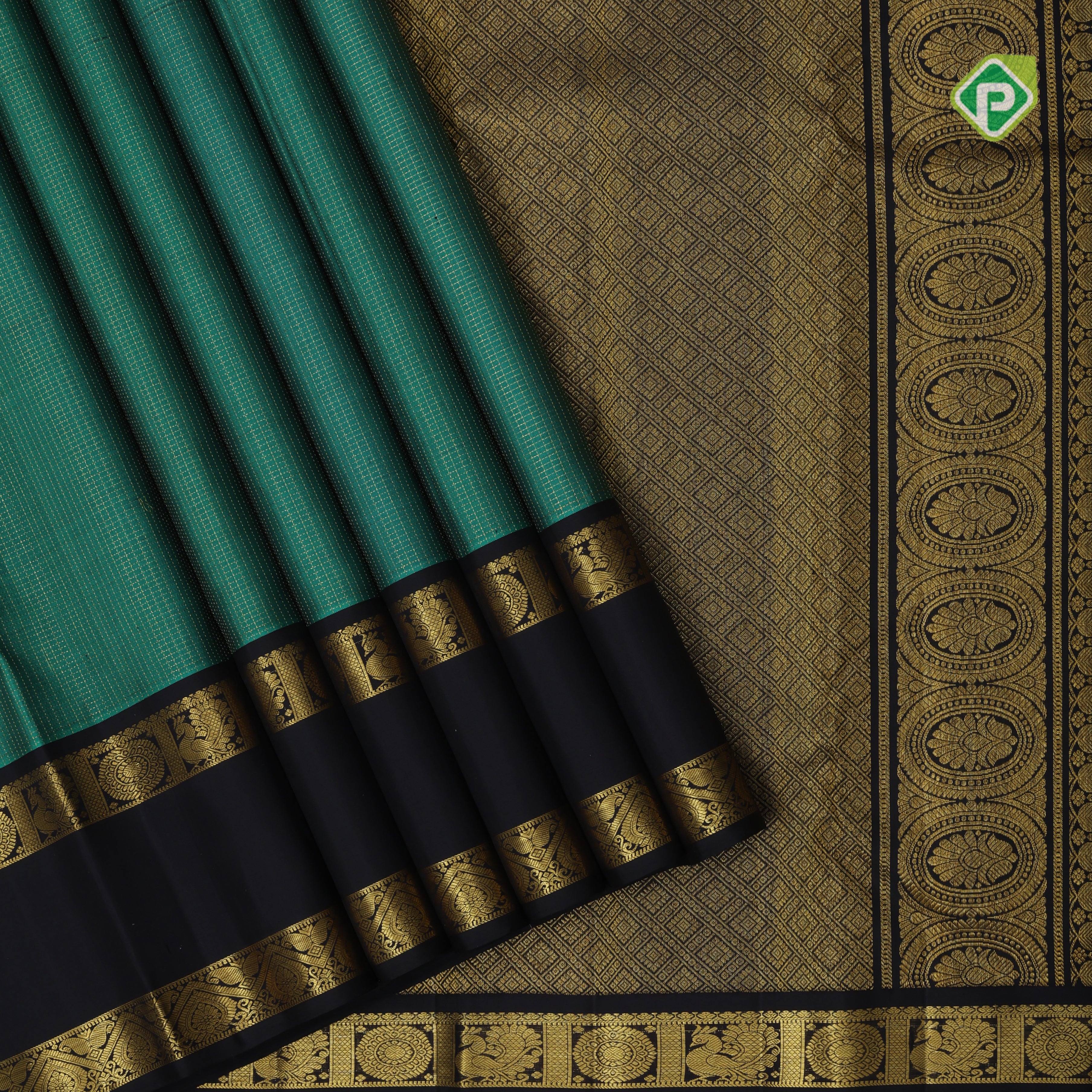 Emarald green gold micro vairaoosi design grape brown gold zari rettapet border vintage traditional silk saree