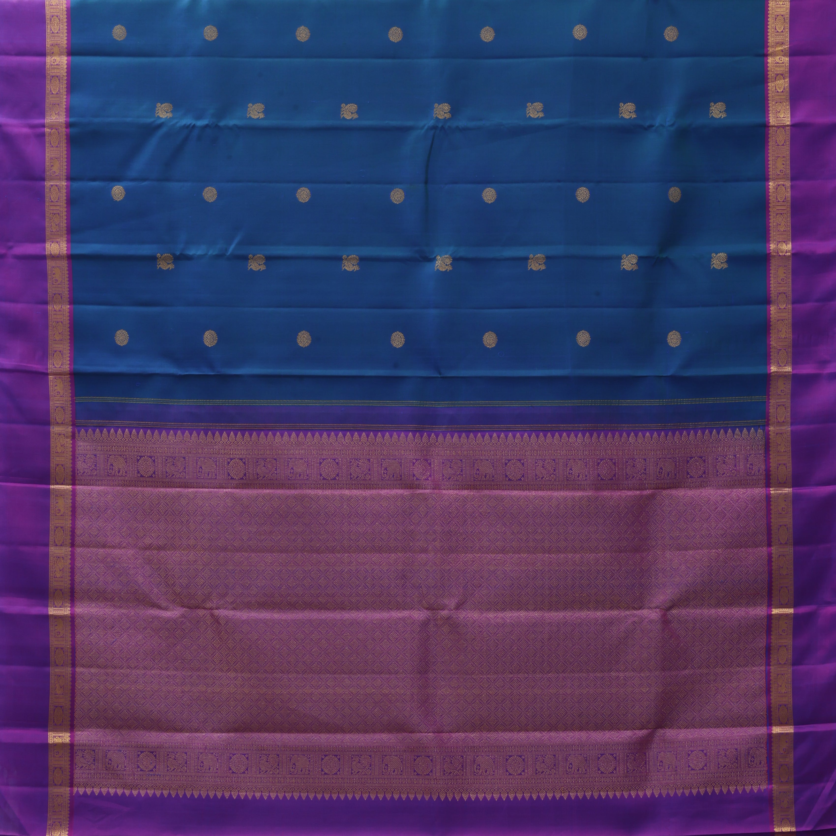 peacock blue gold zari rudraksham peacock butta contrast purple gold zari rettapet border traditional silk saree