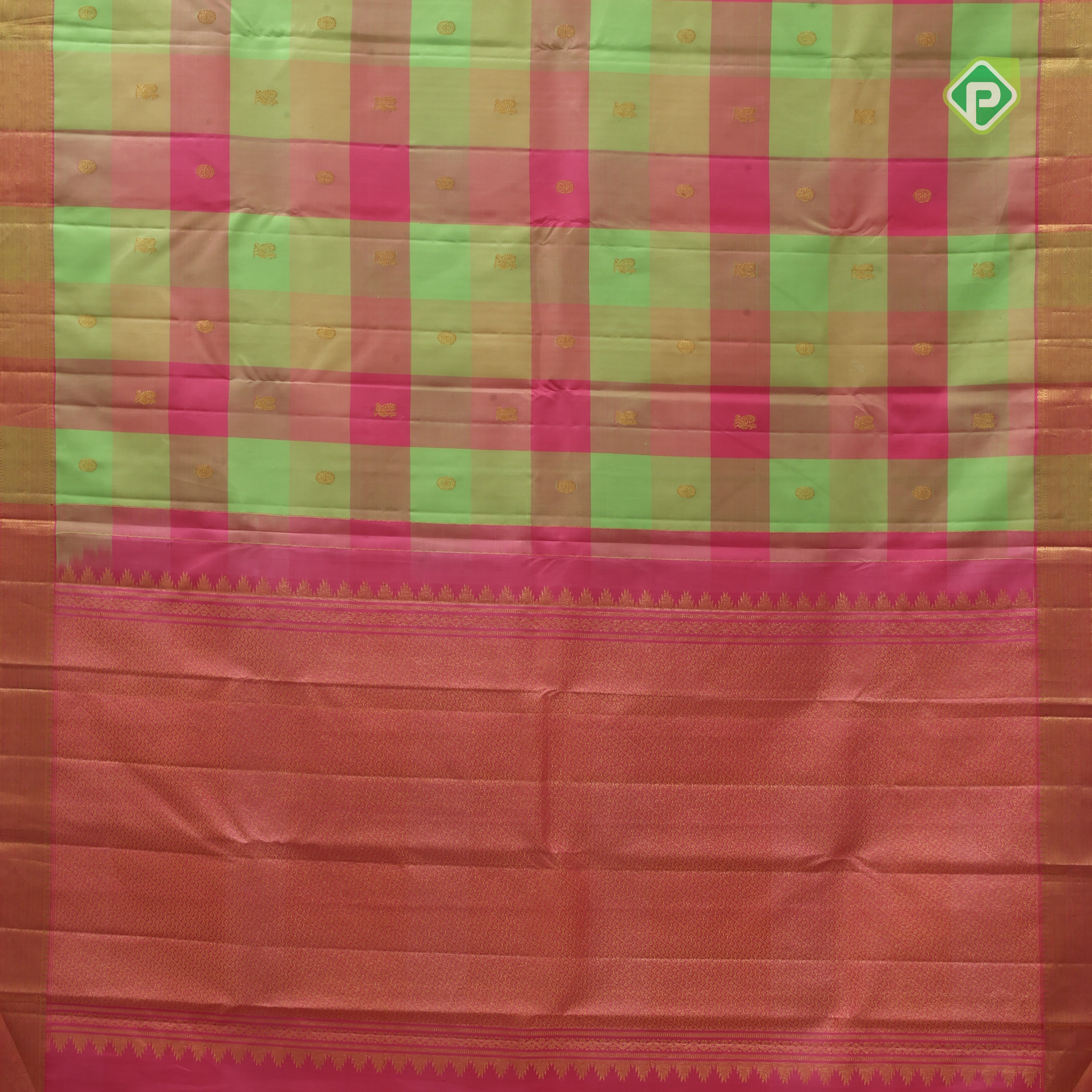 pink base tri color big checks annam chakkram butta pink gold zari edge border traditional silk saree
