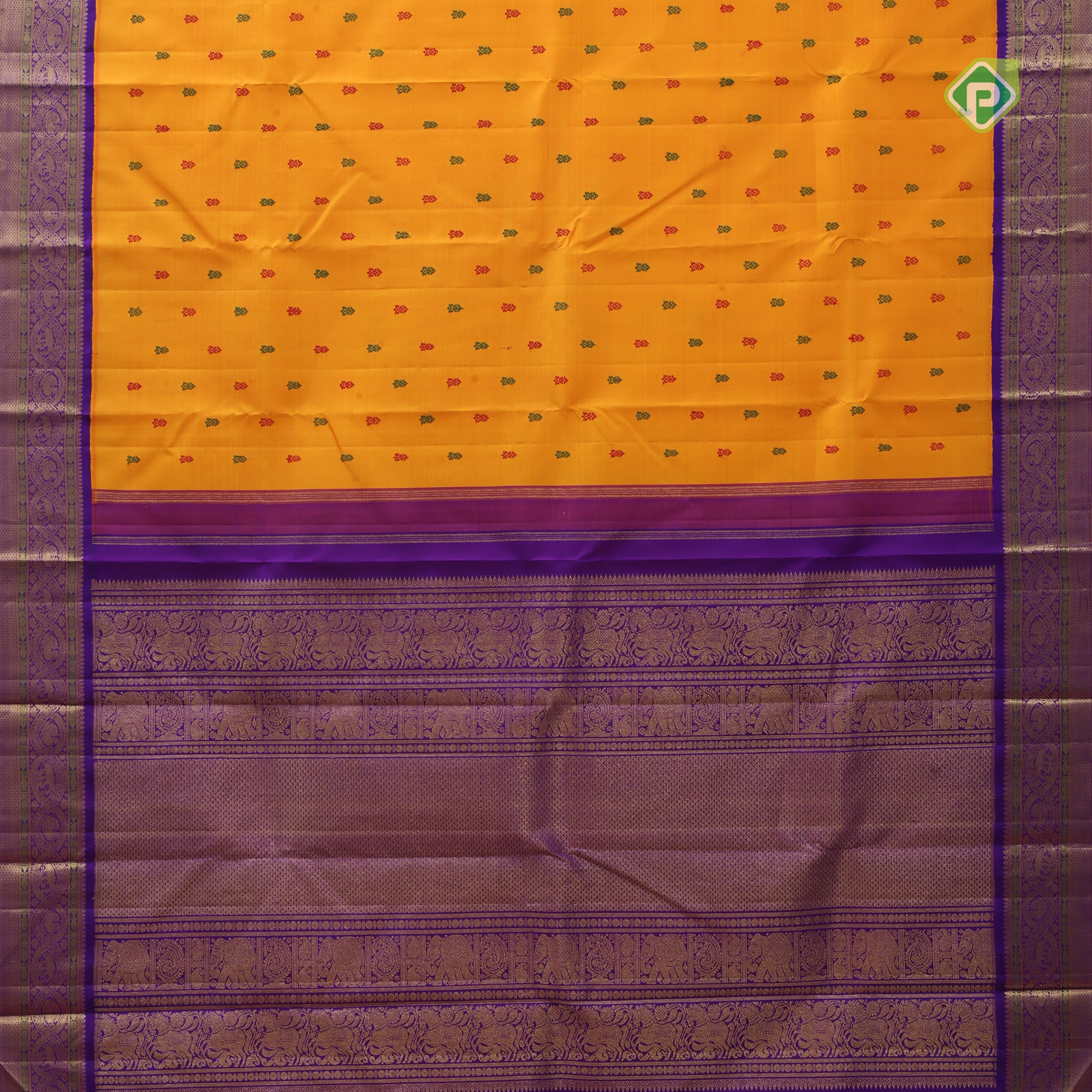 Mango yellow red green silk thread butta design contrast Purple blue gold zari meena work border Traditional silk saree