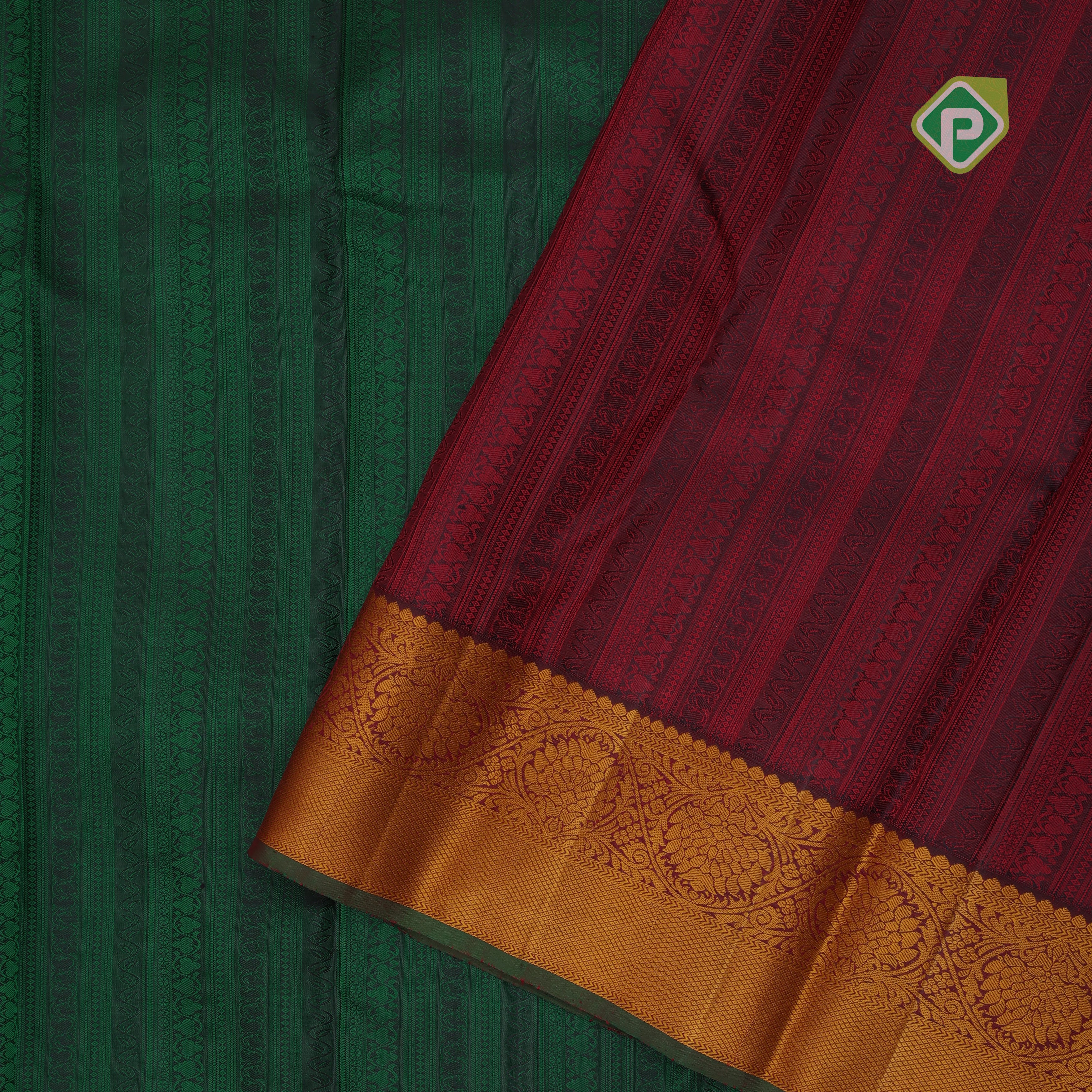 Green with green thread designed stripes weaved mustard thread work rangoli border trendy designer silk saree