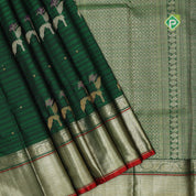 Dark green dual shade lines gold zari leaf meena work butta self gold zari red edge border signature traditional silk saree